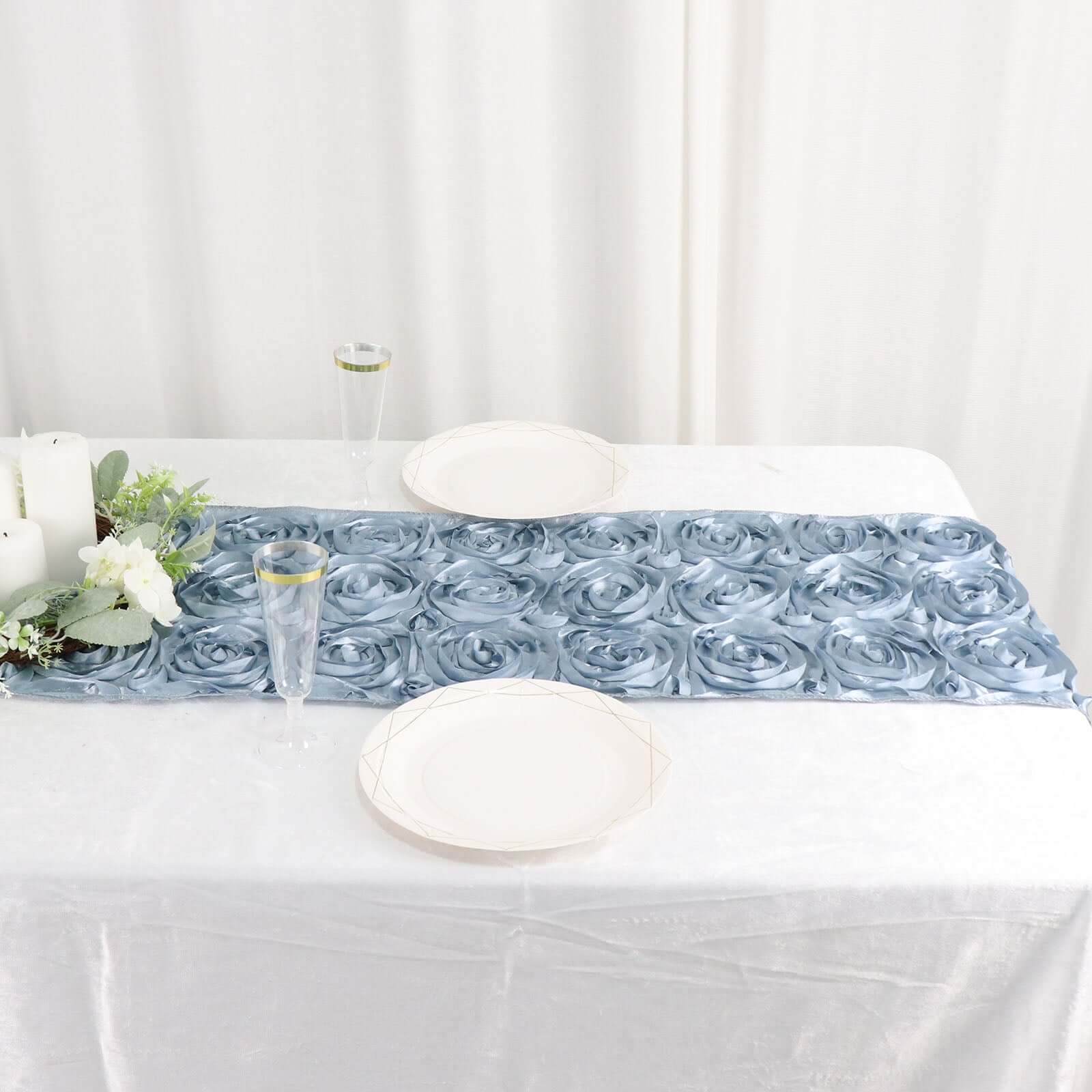 Rosette Satin Table Runner 14"x108" Dusty Blue - Grandiose Fabric Table Decor - Image 11