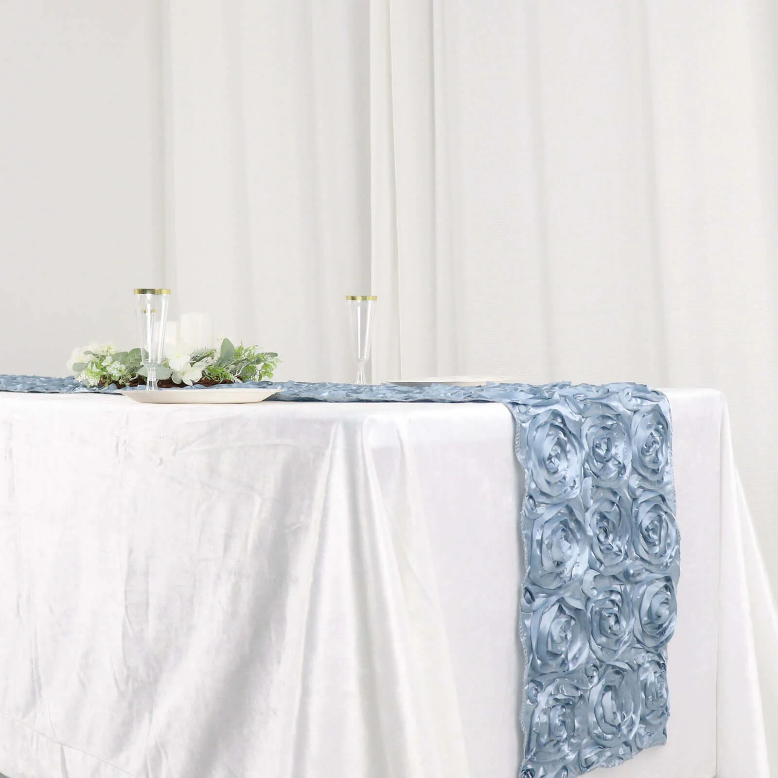 Rosette Satin Table Runner 14"x108" Dusty Blue - Grandiose Fabric Table Decor - Image 12