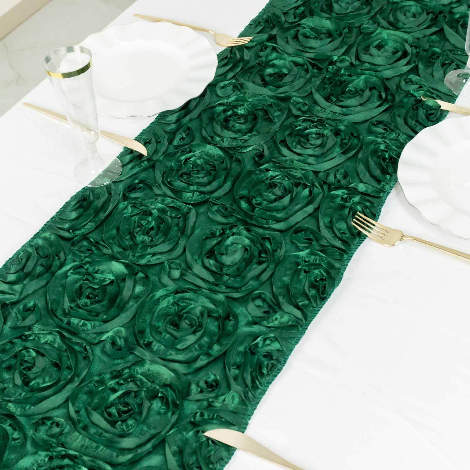 Rosette Satin Table Runner 14"x108" Hunter Emerald Green - Grandiose Fabric Table Decor - Image 7
