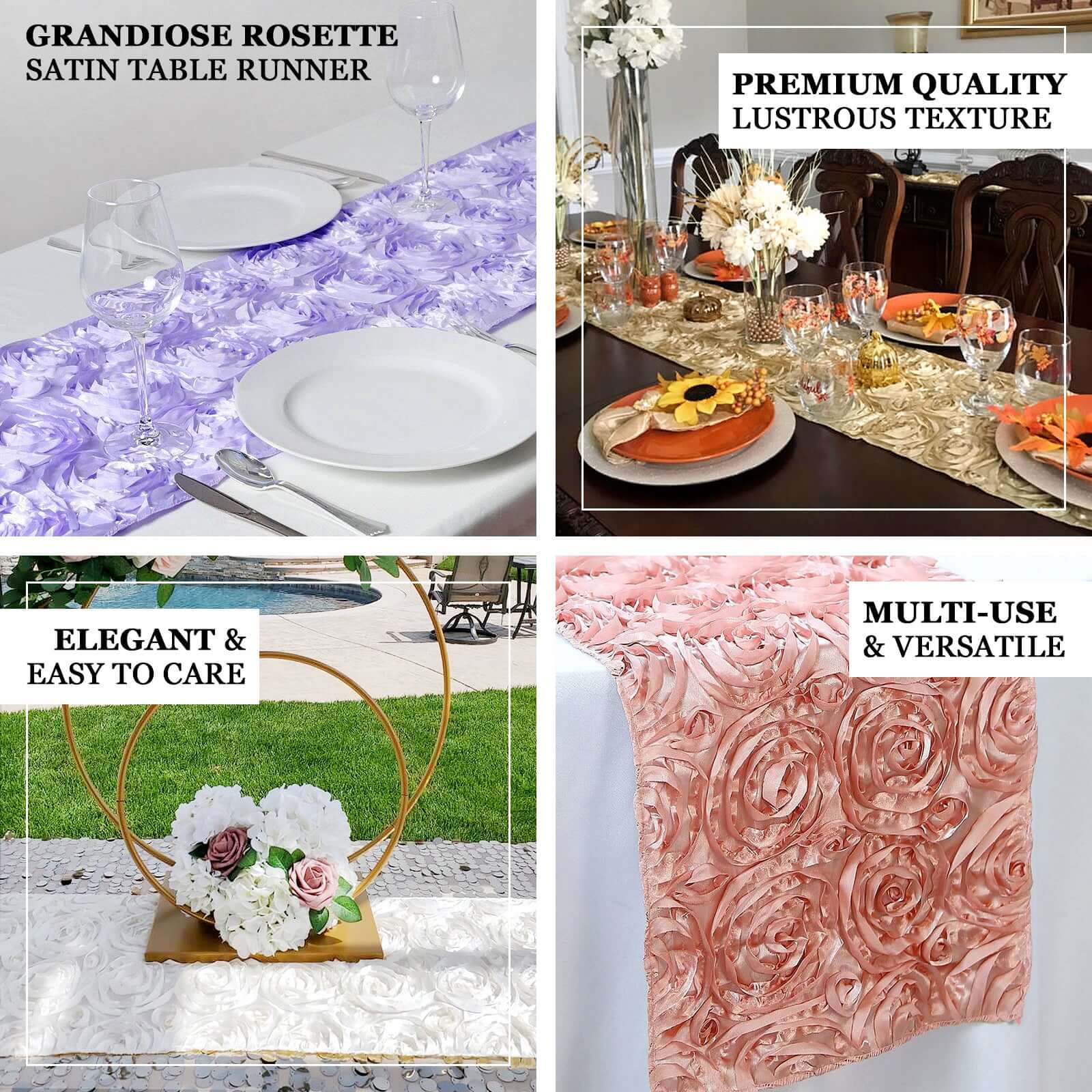 Rosette Satin Table Runner 14"x108" White - Stylish Grandiose Fabric Table Decor - Image 2