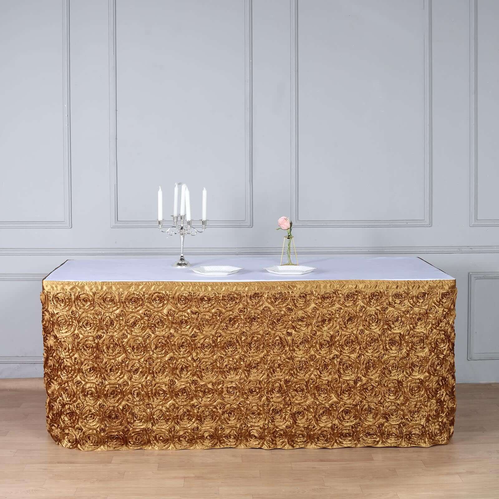 Rosette Satin Table Skirt 21ft Gold - 3D Floral Table Cover - Image 6