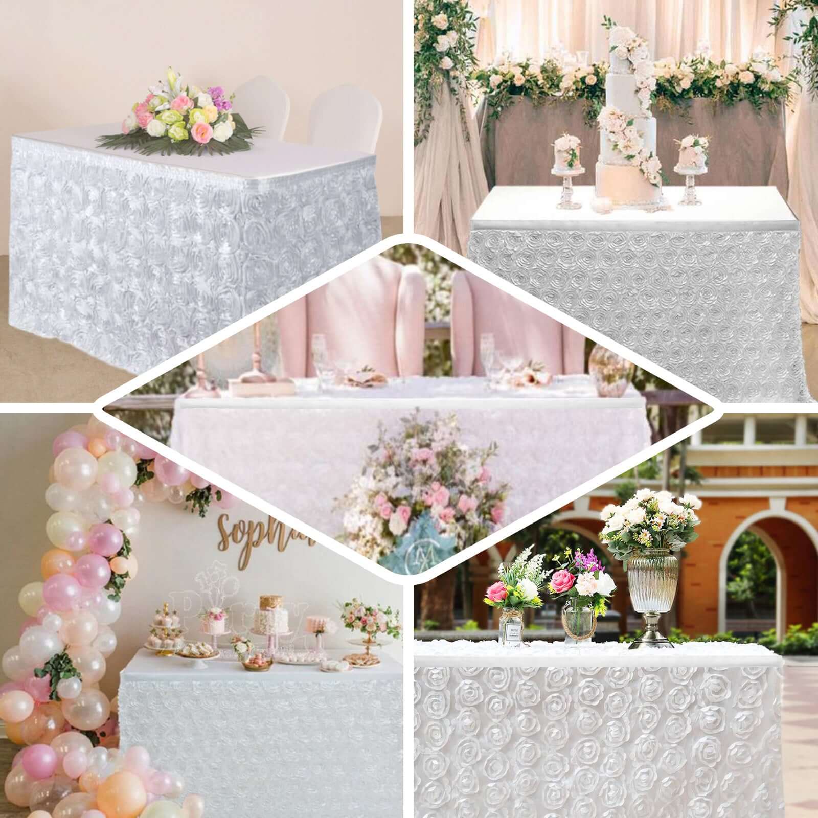 Rosette Satin Table Skirt 21ft White 3D Floral Design for Sophisticated Event & Wedding Table Cover - Image 4