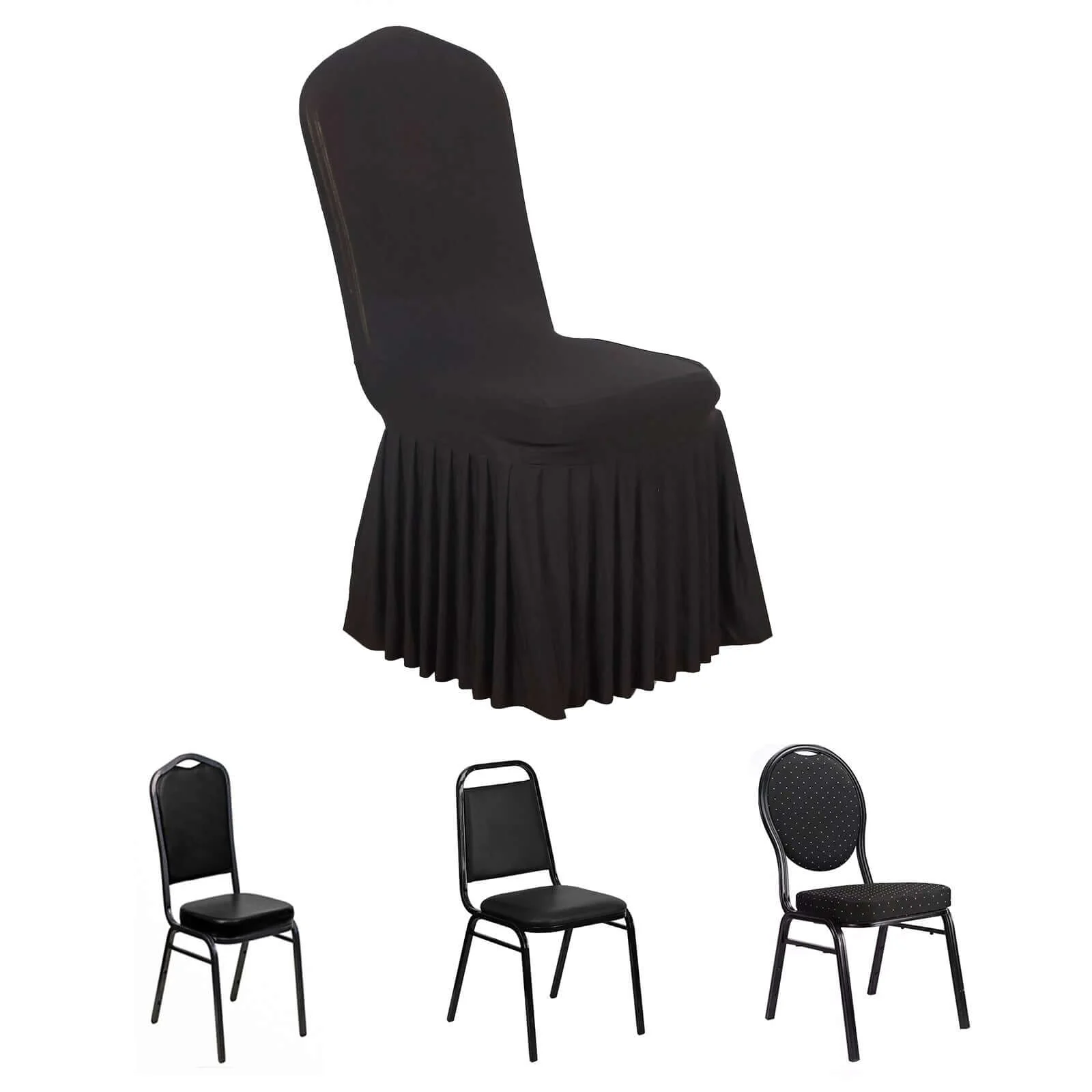 Ruffle Pleated Skirt Banquet Spandex Chair Cover Black - 1-Piece Stretch Fitted Slipcover