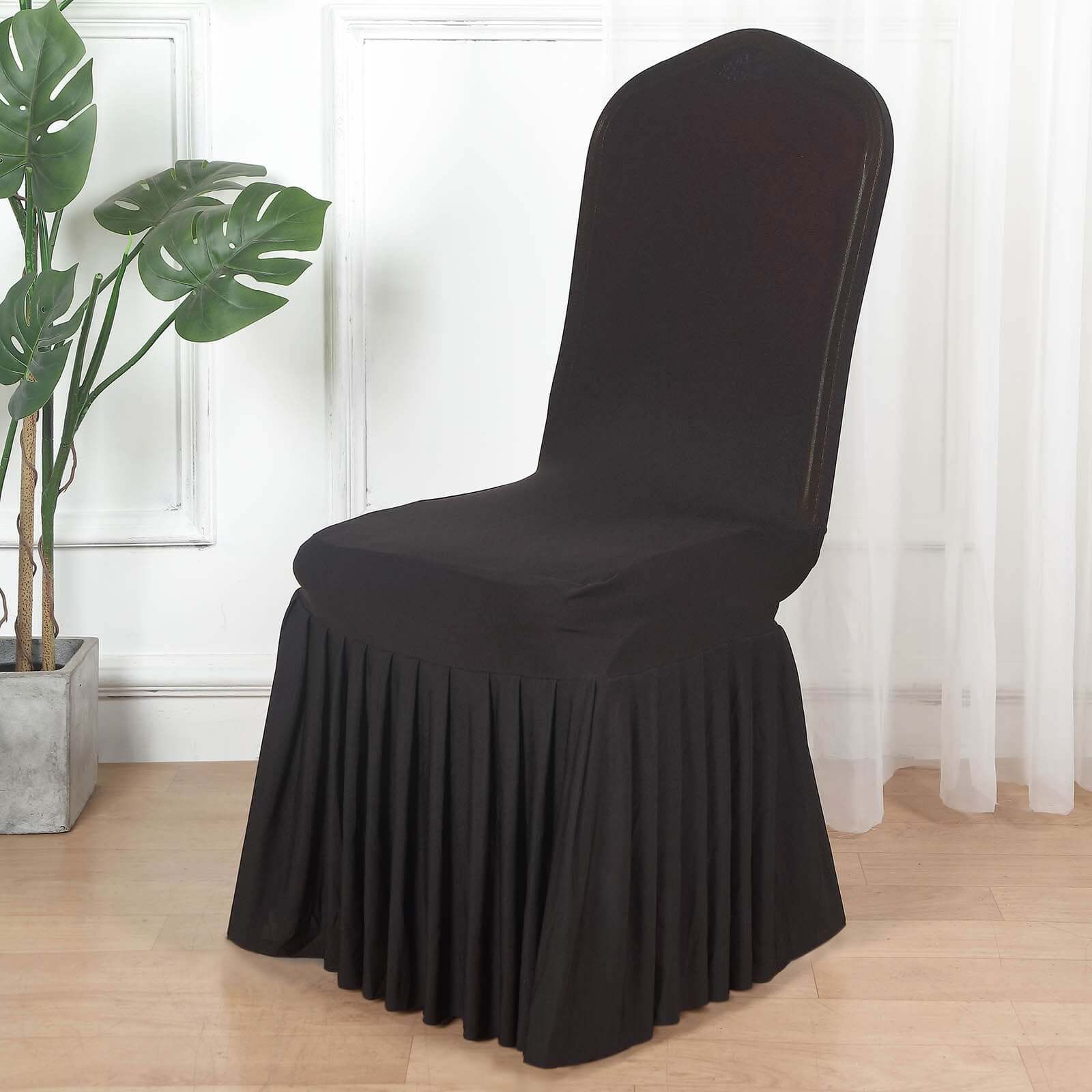 Ruffle Pleated Skirt Banquet Spandex Chair Cover Black - 1-Piece Stretch Fitted Slipcover - Image 2