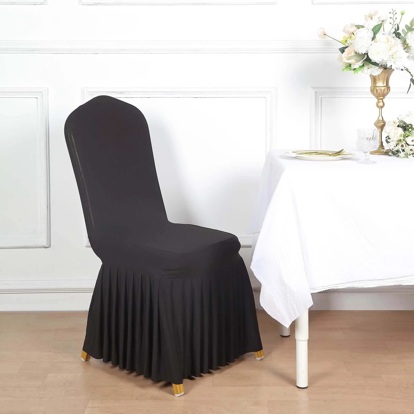 Ruffle Pleated Skirt Banquet Spandex Chair Cover Black - 1-Piece Stretch Fitted Slipcover - Image 3