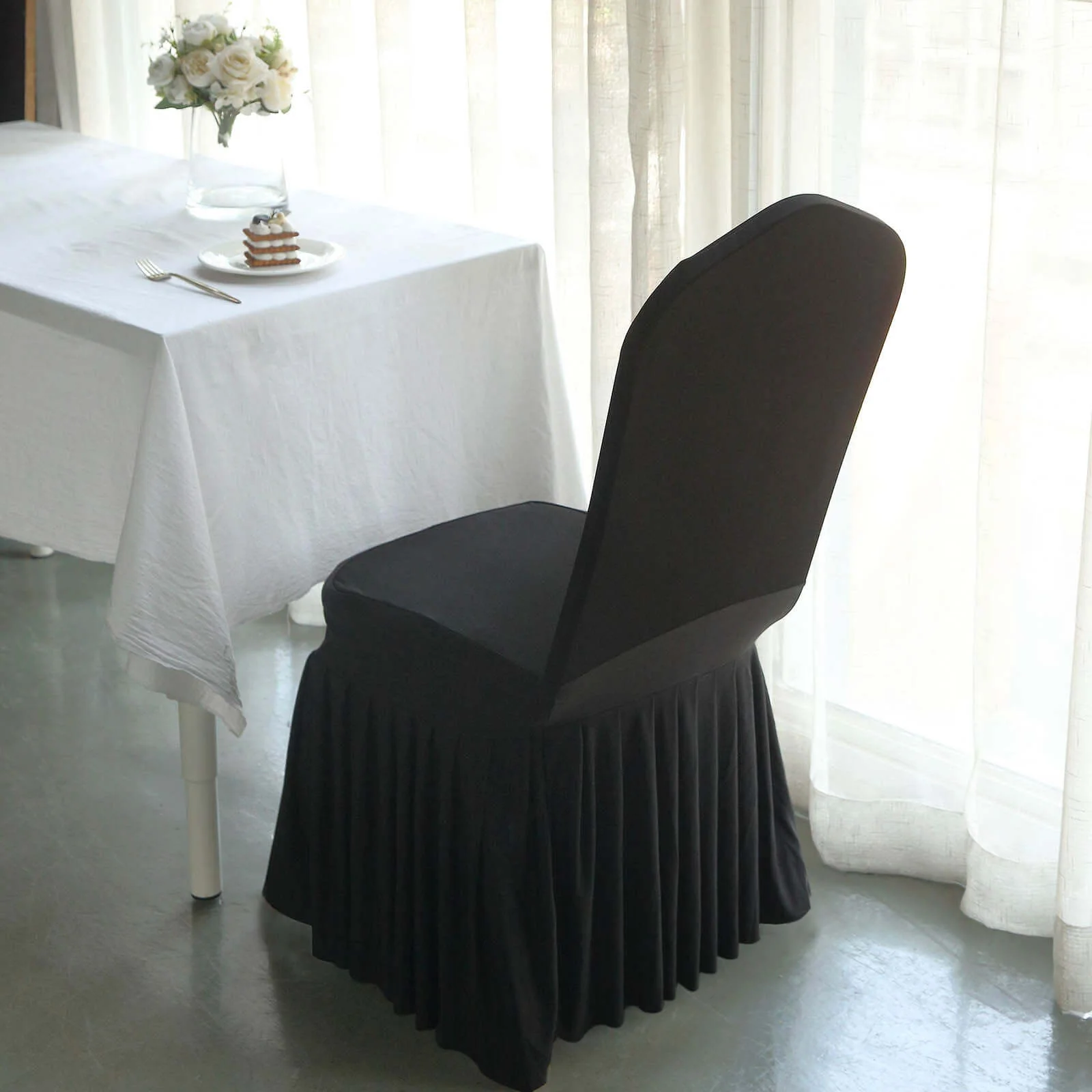 Ruffle Pleated Skirt Banquet Spandex Chair Cover Black - 1-Piece Stretch Fitted Slipcover - Image 6