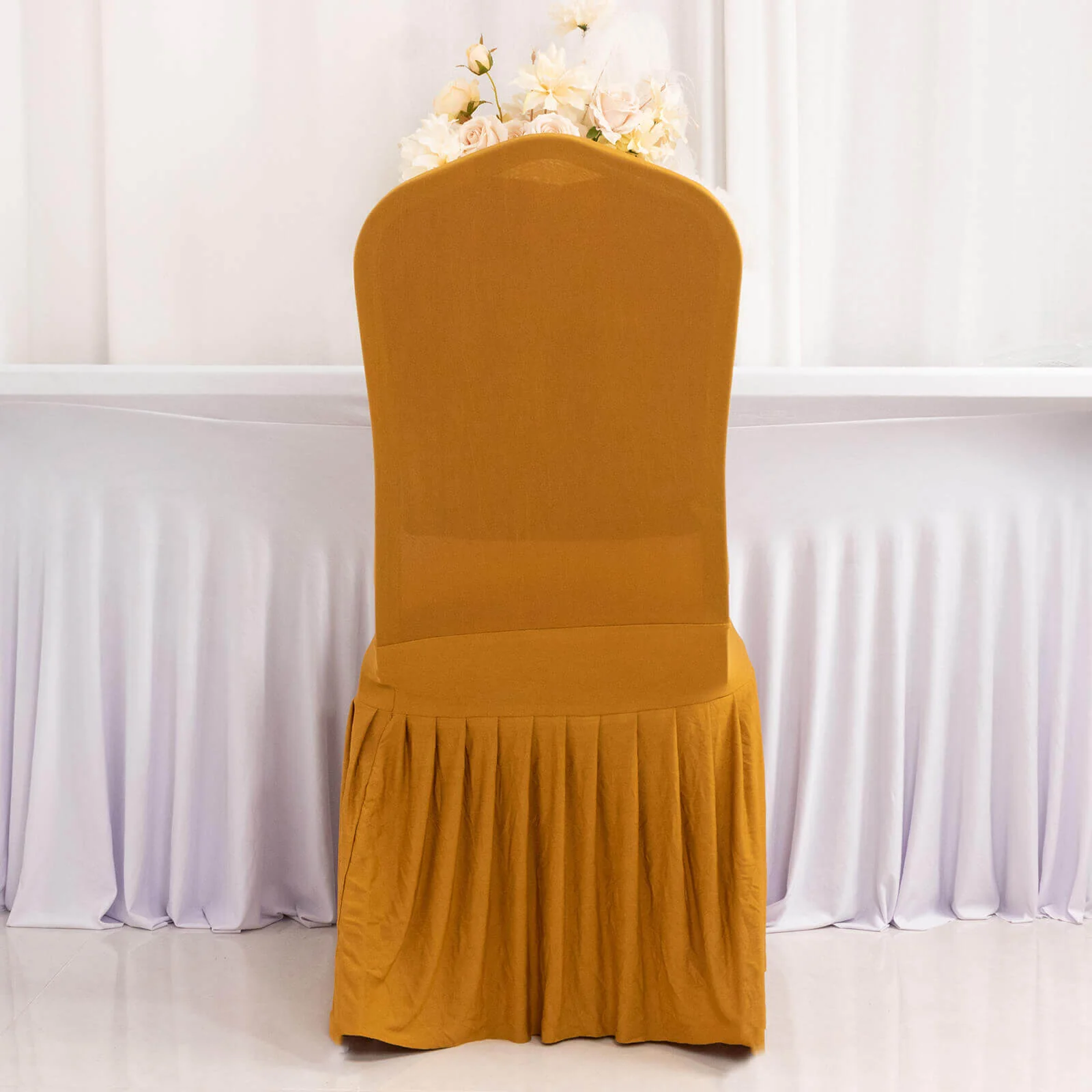 Ruffle Pleated Skirt Banquet Spandex Chair Cover Gold - 1-Piece Stretch Fitted Slipcover - Image 17