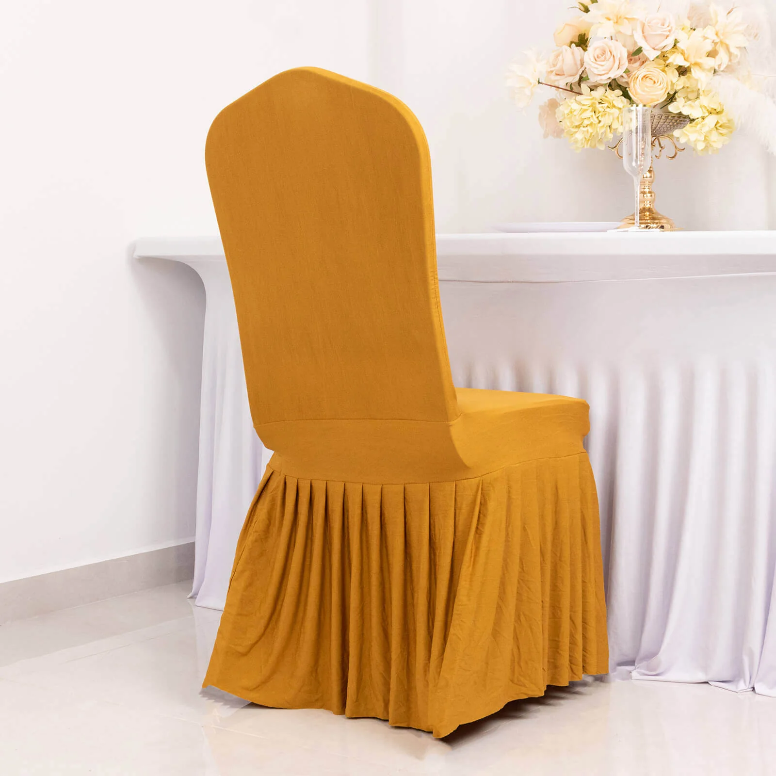 Ruffle Pleated Skirt Banquet Spandex Chair Cover Gold - 1-Piece Stretch Fitted Slipcover - Image 2