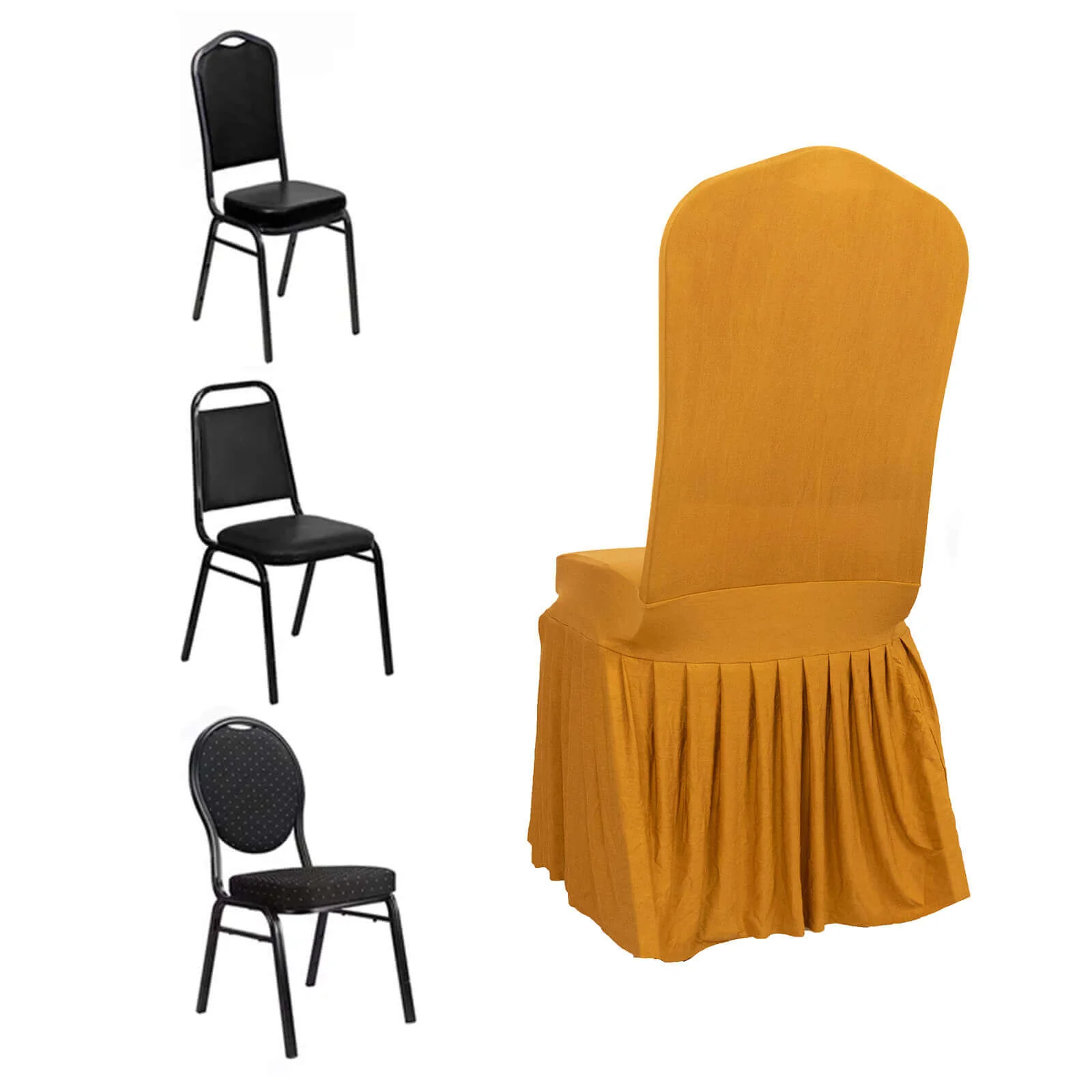 Ruffle Pleated Skirt Banquet Spandex Chair Cover Gold - 1-Piece Stretch Fitted Slipcover - Image 3