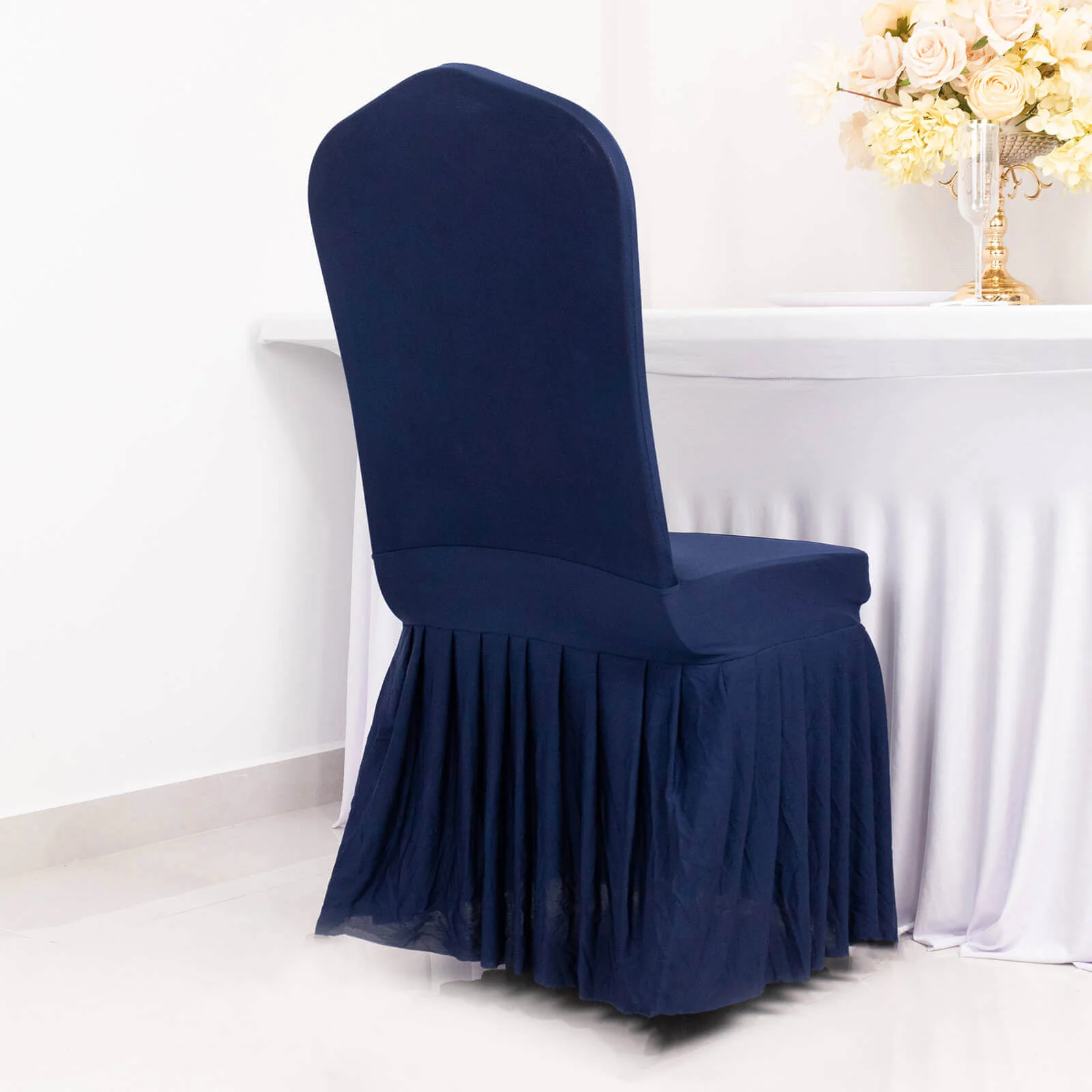 Ruffle Pleated Skirt Banquet Spandex Chair Cover Navy Blue - 1-Piece Stretch Fitted Slipcover - Image 2