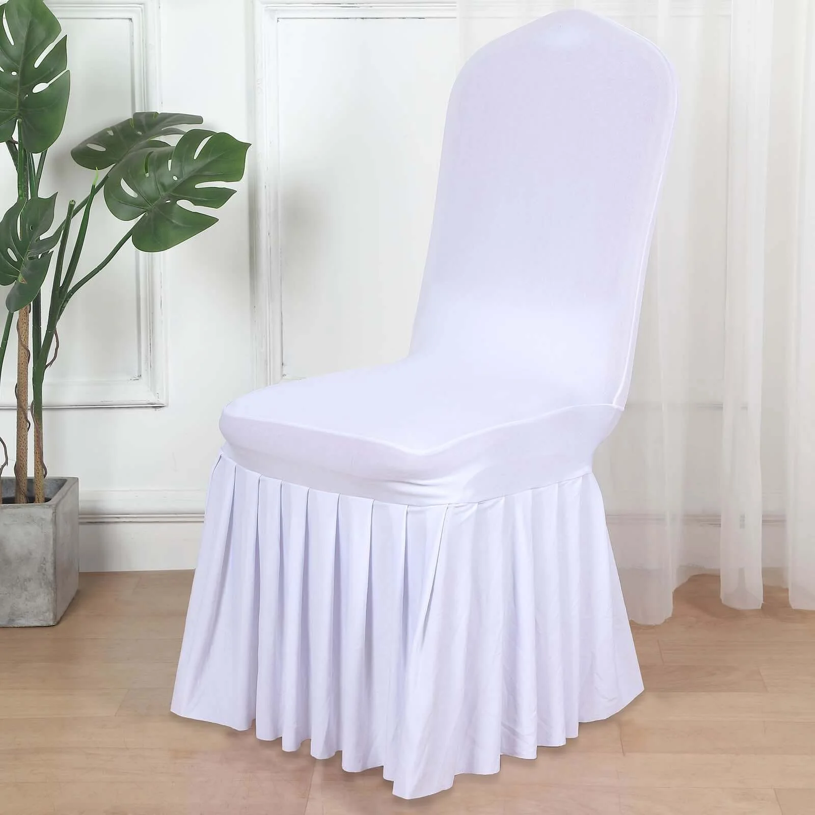 Ruffle Pleated Skirt Banquet Spandex Chair Cover White - 1-Piece Stretch Fitted Slipcover for Sophisticated Events - Image 2