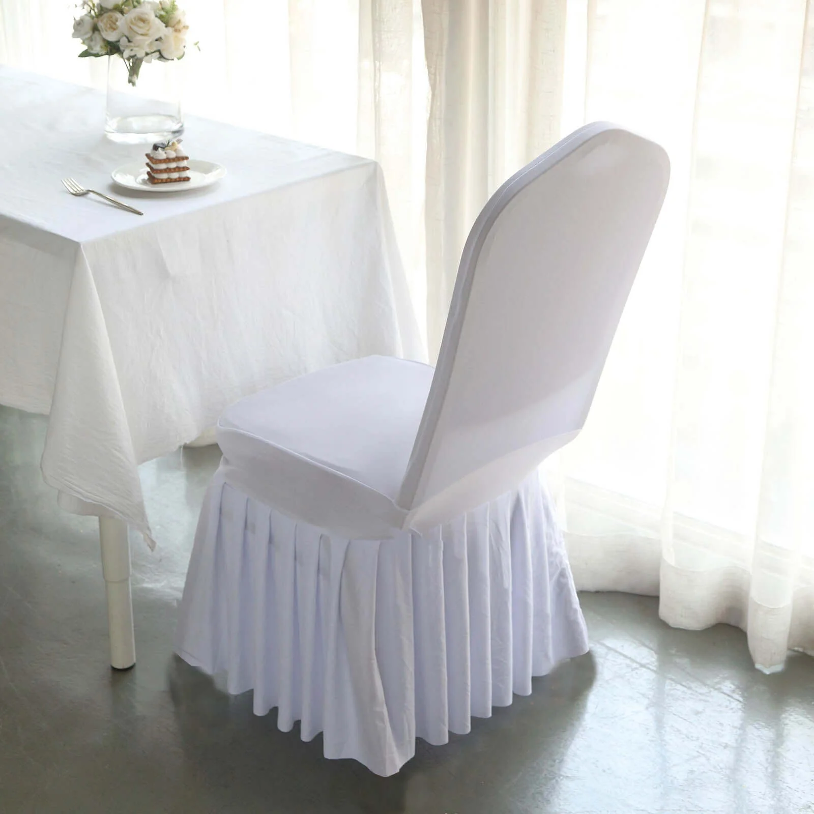 Ruffle Pleated Skirt Banquet Spandex Chair Cover White - 1-Piece Stretch Fitted Slipcover for Sophisticated Events - Image 6
