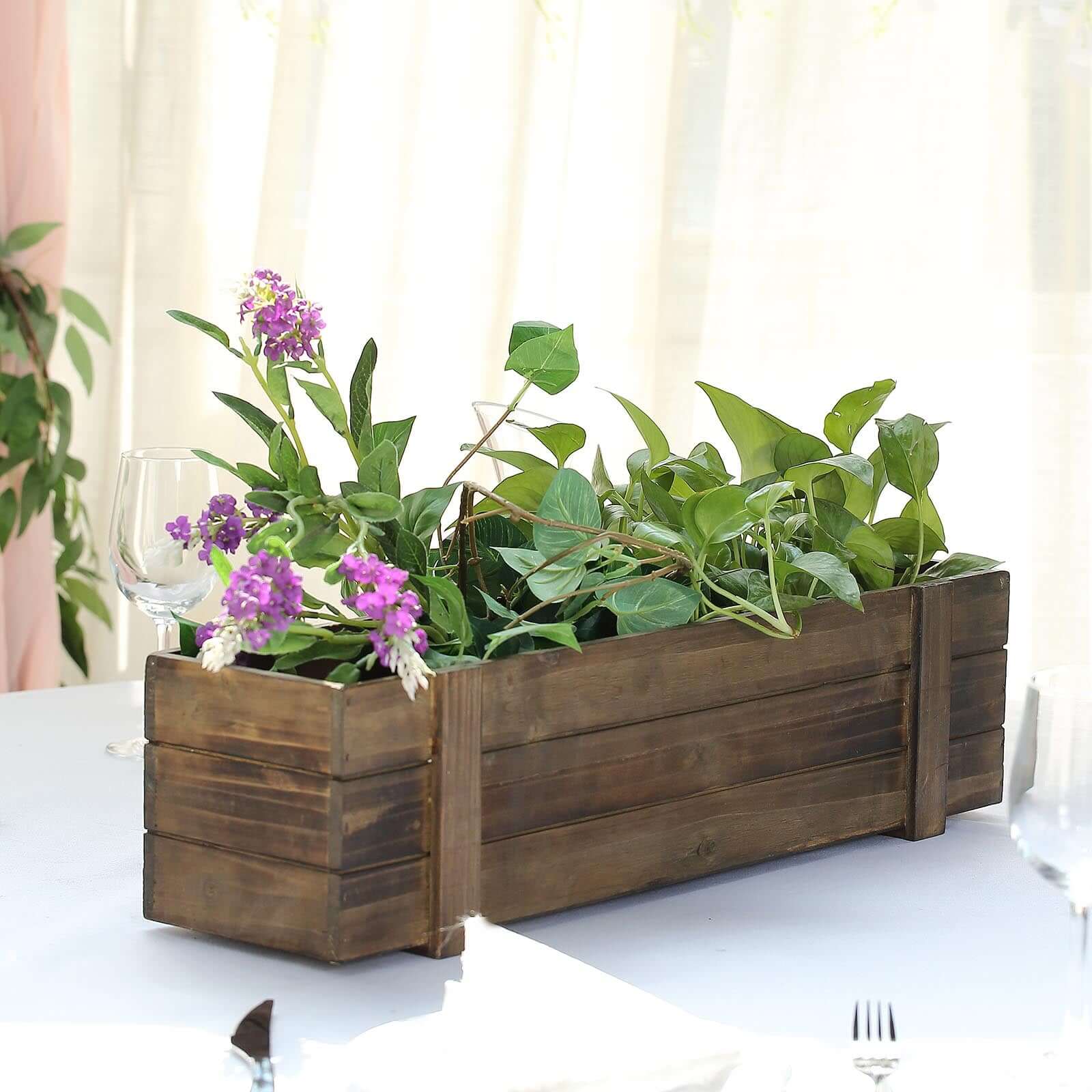 Rustic Wood Planter Box Smoked Brown 24"x6" with Plastic Liner - Long Natural Decor for Tables - Image 6