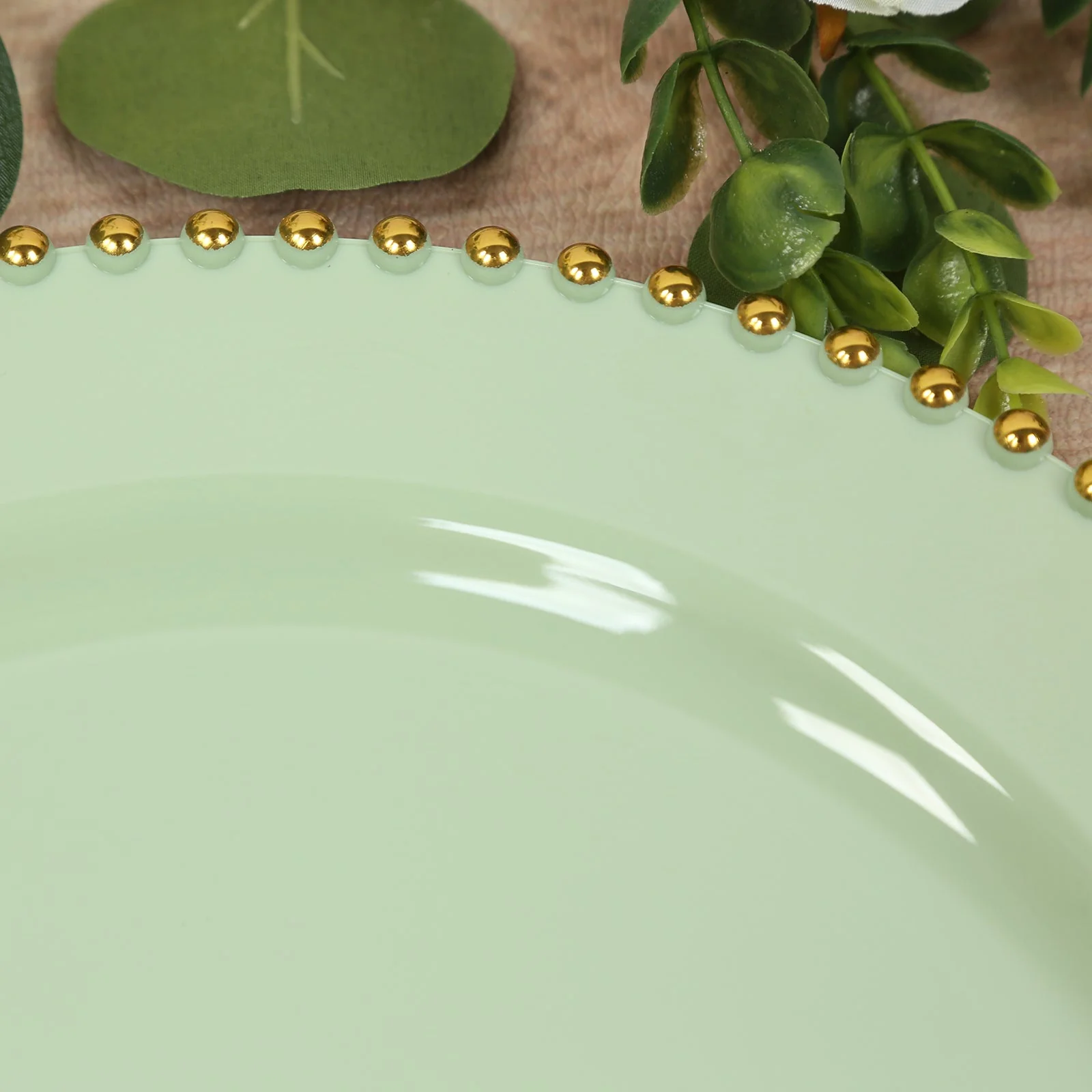 10-Pack Economy Plastic Charger Plates 13" Round Sage Green with Gold Beaded Rim - Stylish Dinner Party Serving Plates - Image 6