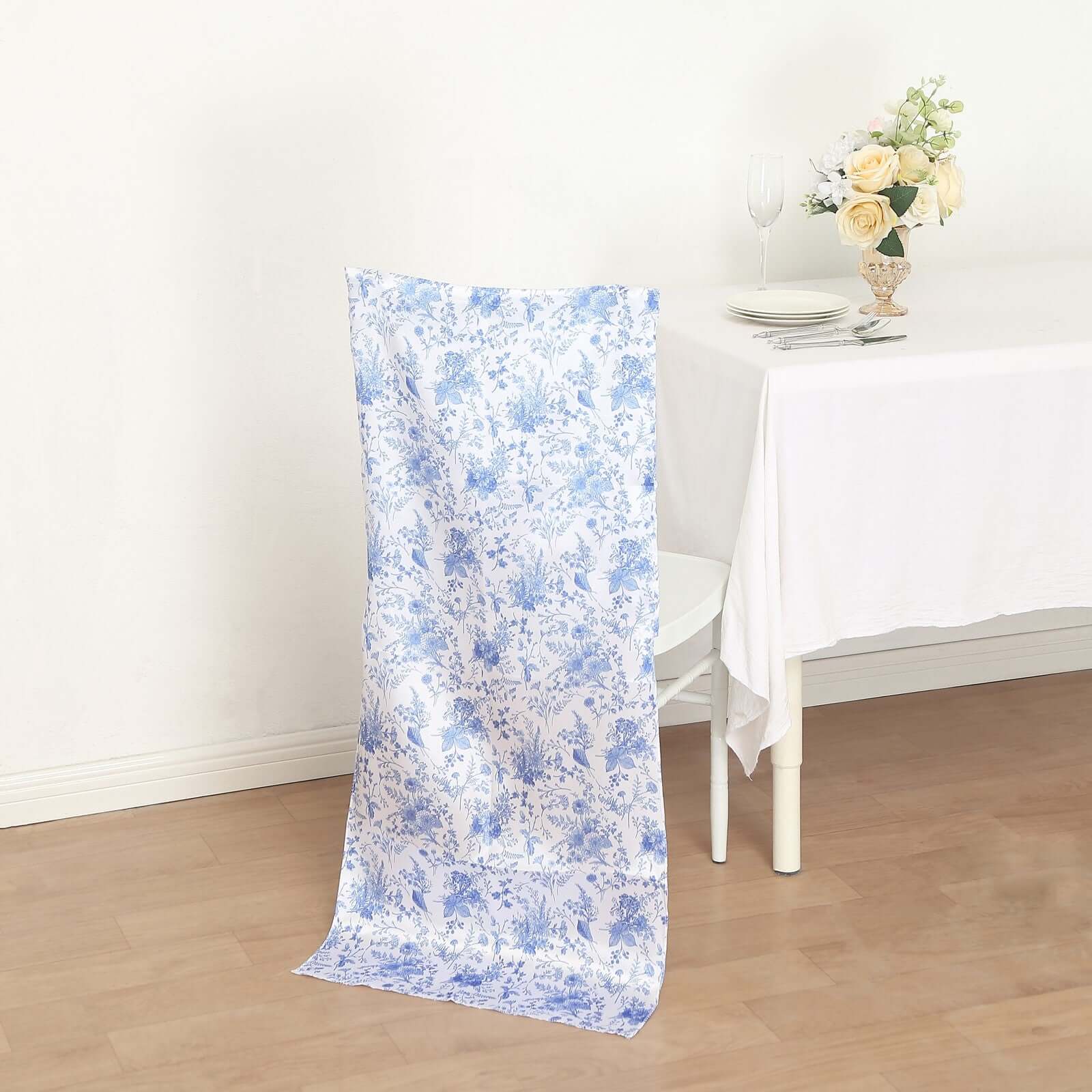 Satin Chiavari Chair Slipcover White/Blue in French Toile Floral Print - Sophisticated Wedding Chair Back Cover