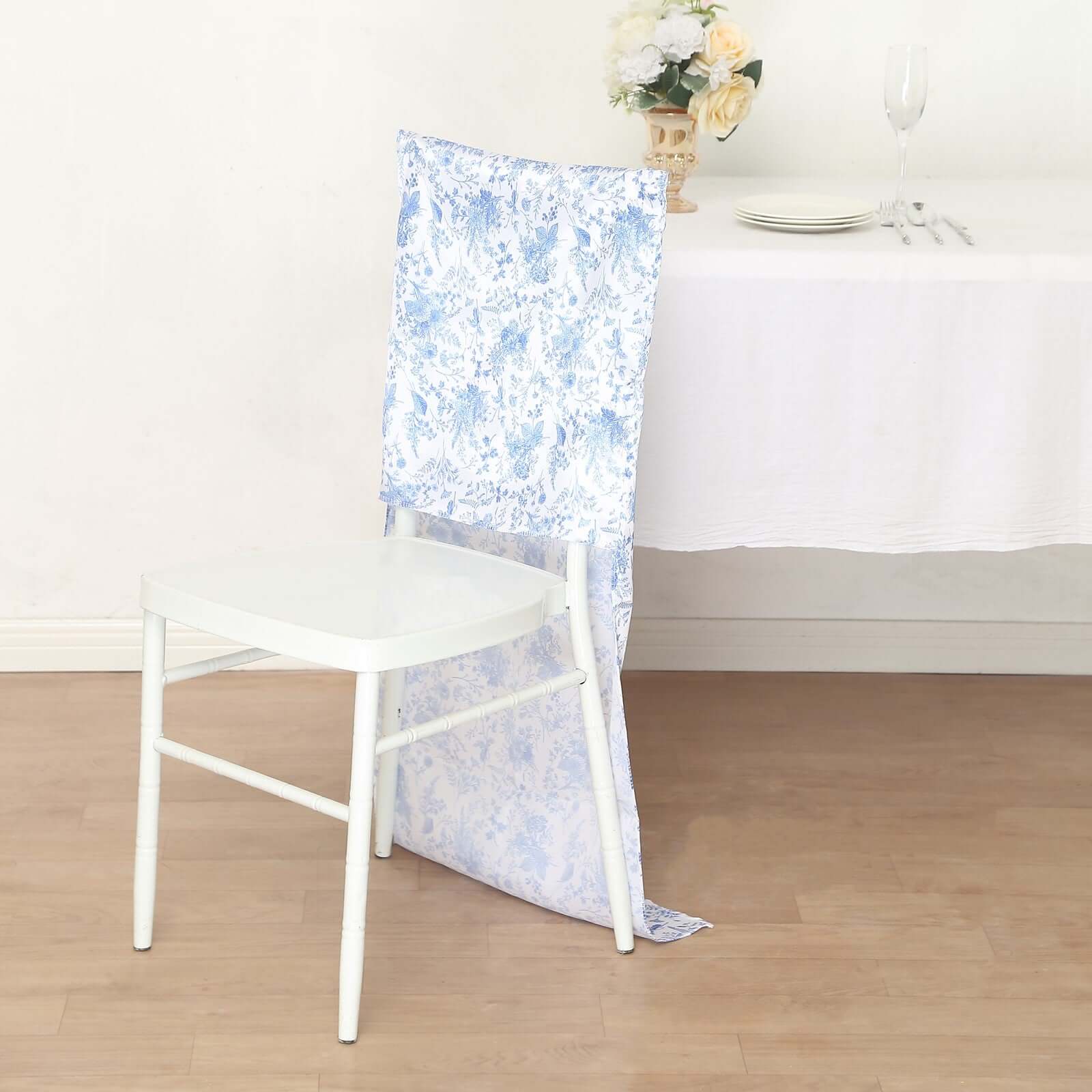 Satin Chiavari Chair Slipcover White/Blue in French Toile Floral Print - Sophisticated Wedding Chair Back Cover - Image 2
