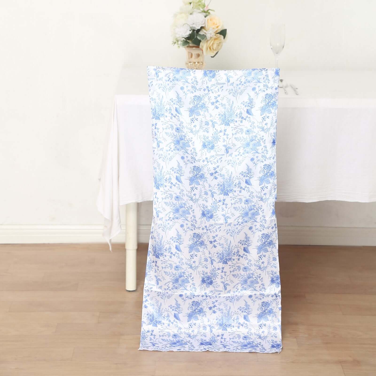 Satin Chiavari Chair Slipcover White/Blue in French Toile Floral Print - Sophisticated Wedding Chair Back Cover - Image 3