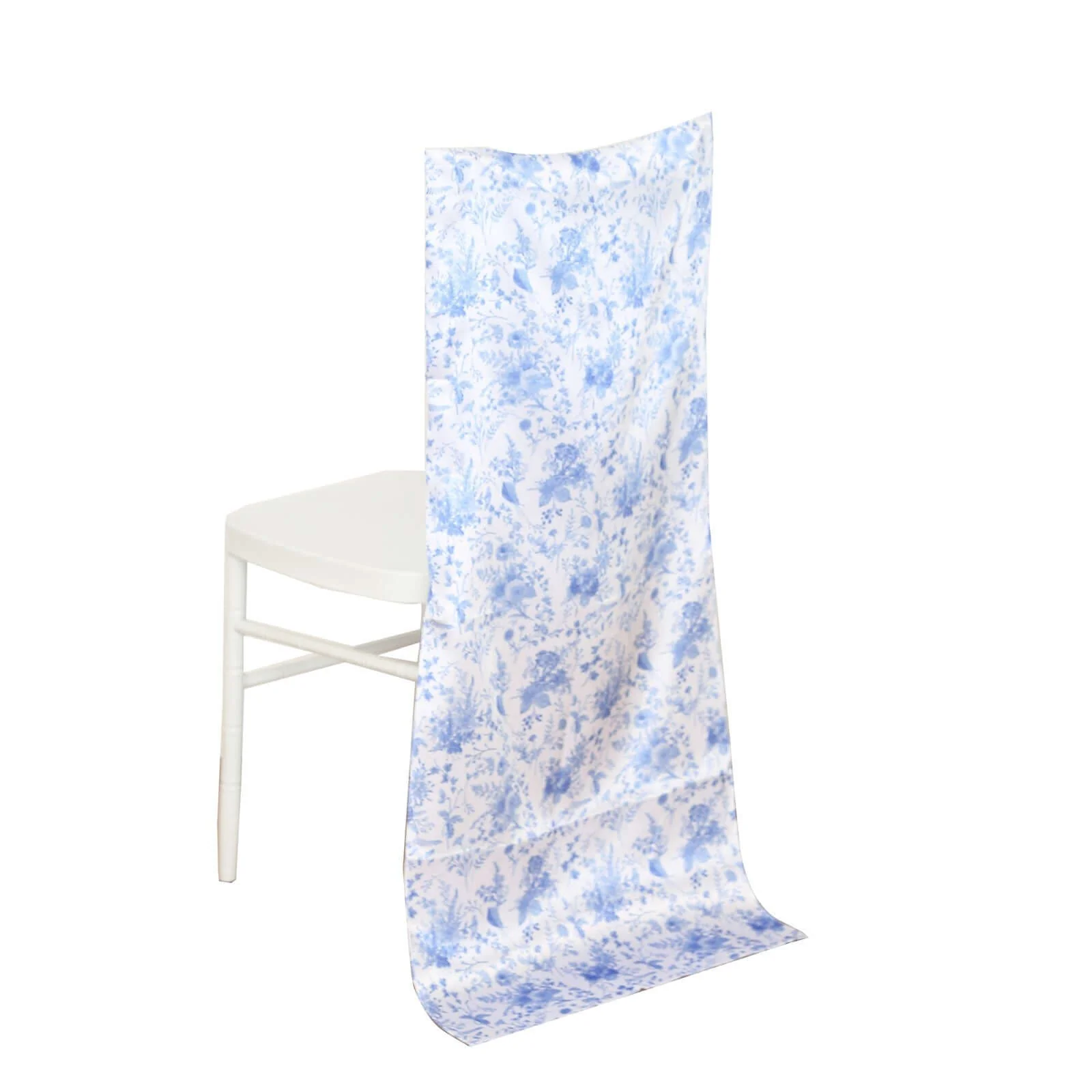 Satin Chiavari Chair Slipcover White/Blue in French Toile Floral Print - Sophisticated Wedding Chair Back Cover - Image 5