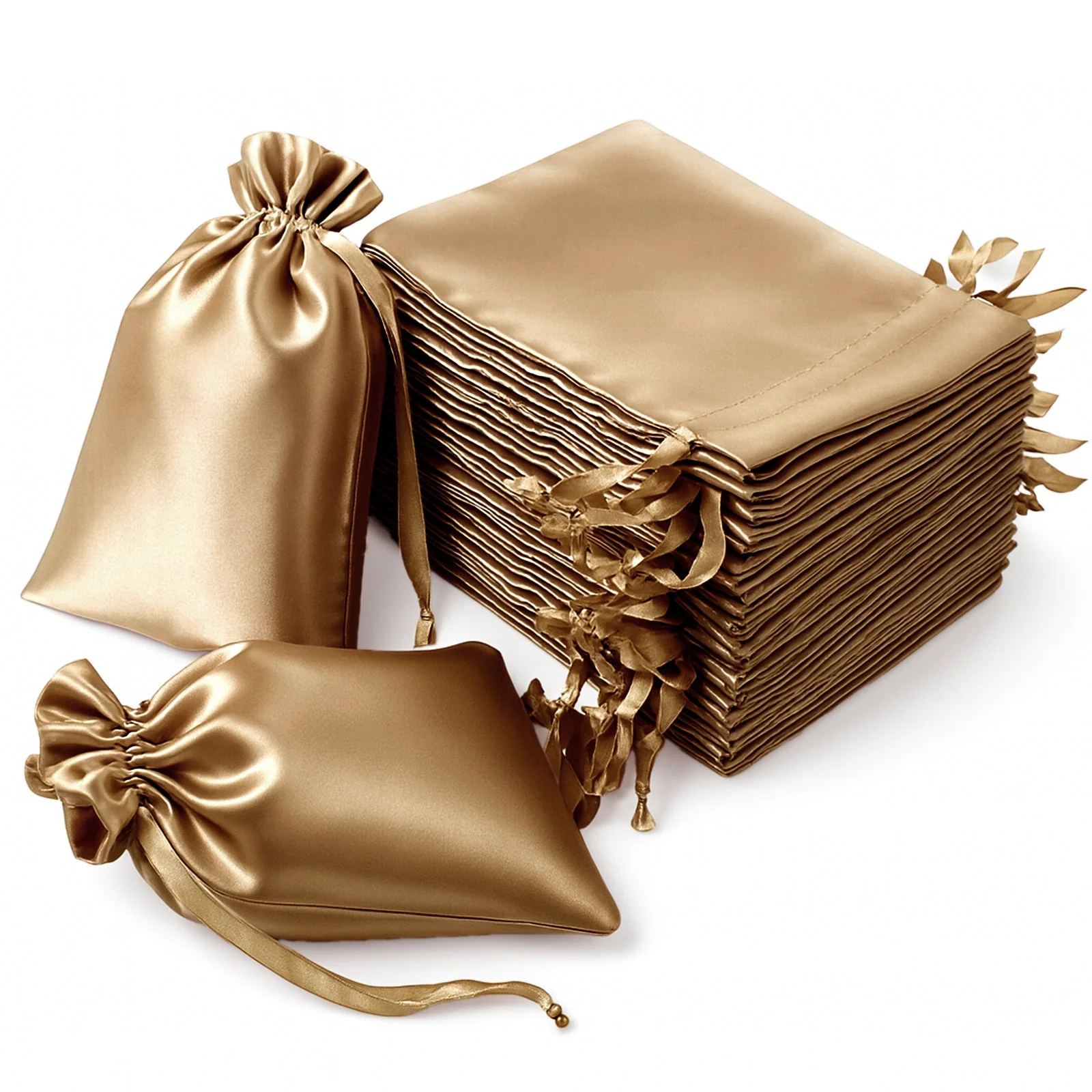 60 Pack Antique Gold Satin Wedding Party Favor Bags, Drawstring Pouch Gift Bags 6"x9"