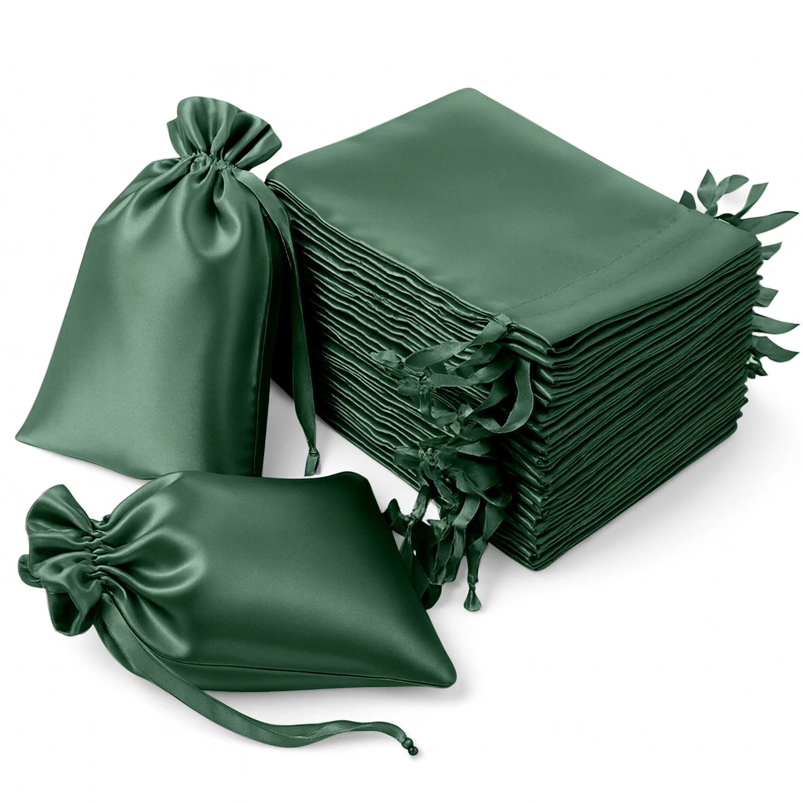 60 Pack Hunter Emerald Green Satin Wedding Party Favor Bags, Drawstring Pouch Gift Bags 6"x9"