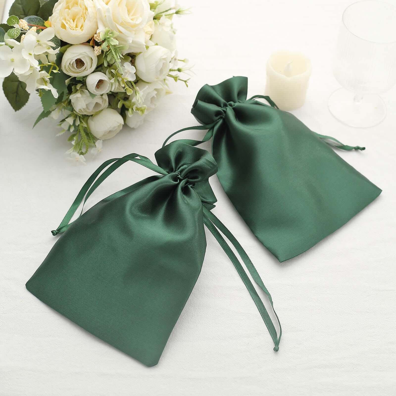 60 Pack Hunter Emerald Green Satin Wedding Party Favor Bags, Drawstring Pouch Gift Bags 6"x9" - Image 2