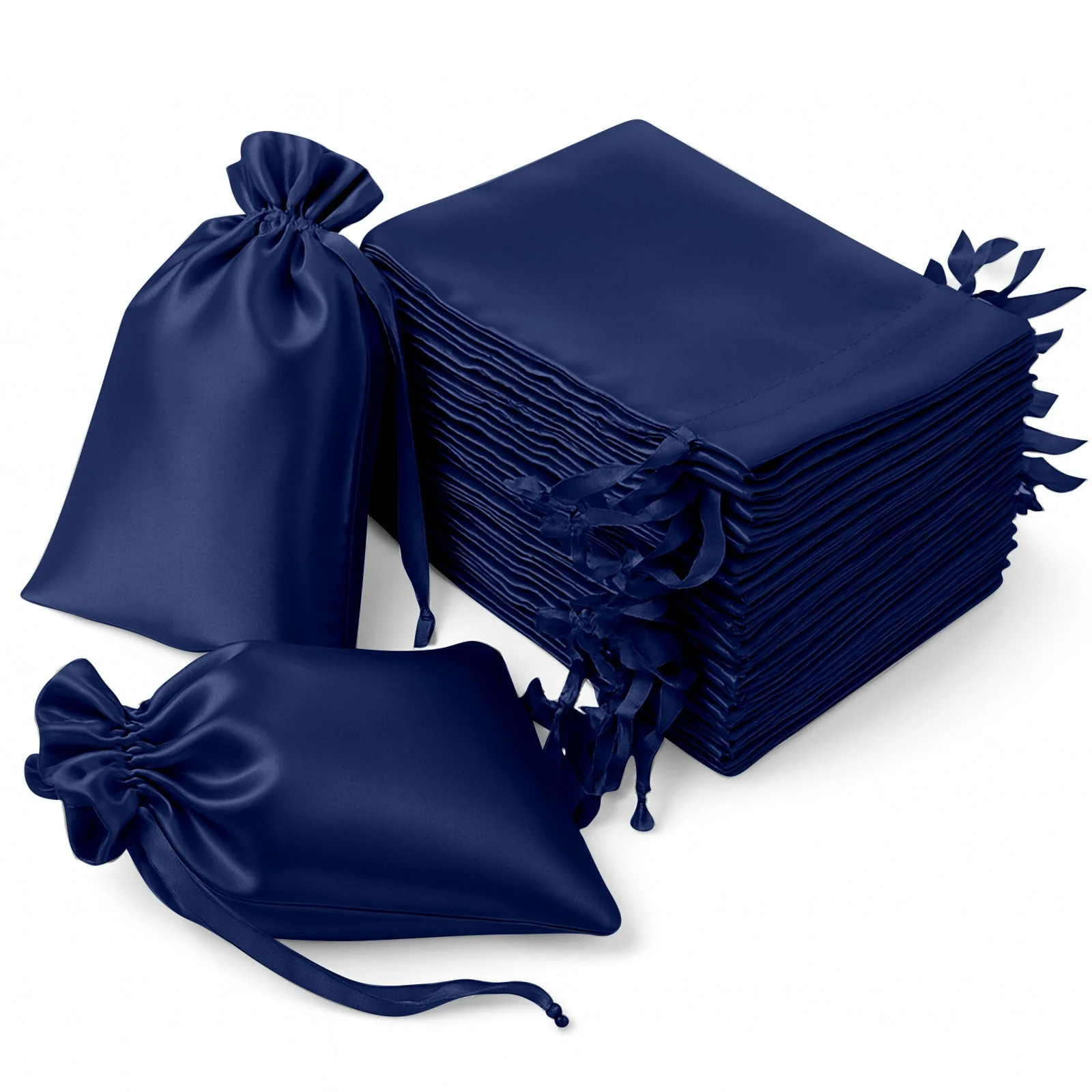 60 Pack Navy Blue Satin Wedding Party Favor Bags, Drawstring Pouch Gift Bags 6"x9"
