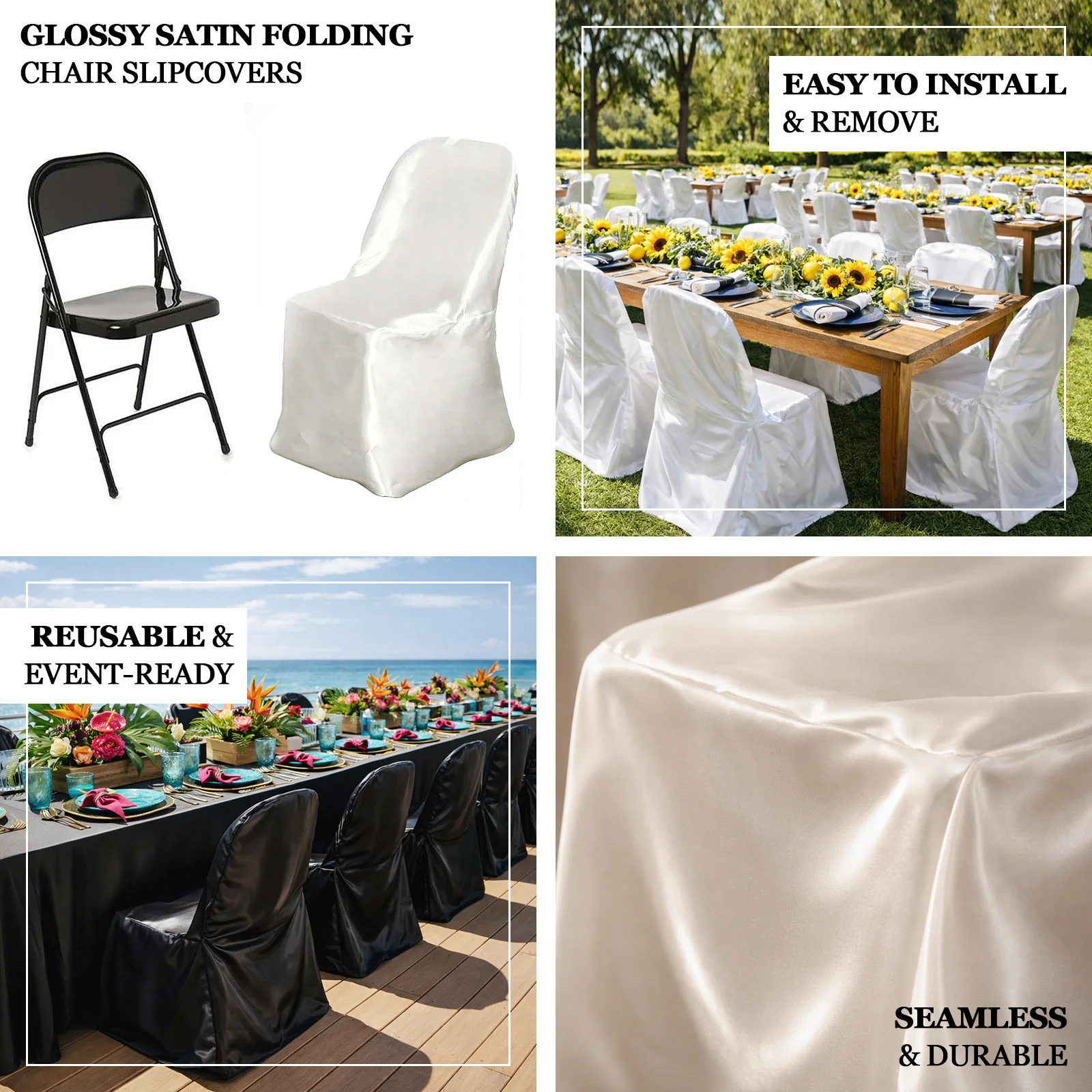 Satin Folding Chair Covers Ivory with Glossy Sheen - Reusable Slipcover - Image 4