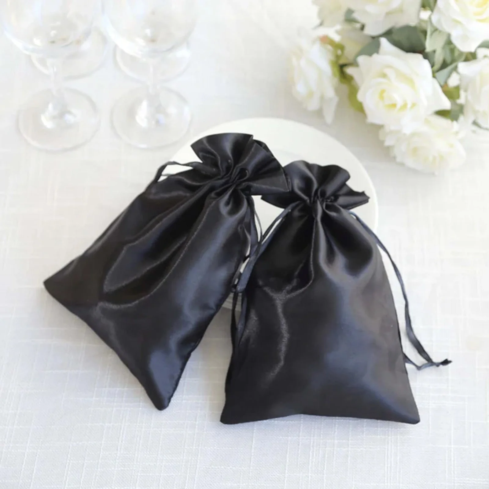 60 Pack Black Satin Wedding Party Favor Bags, Drawstring Pouch Gift Bags 6"x9" - Image 2
