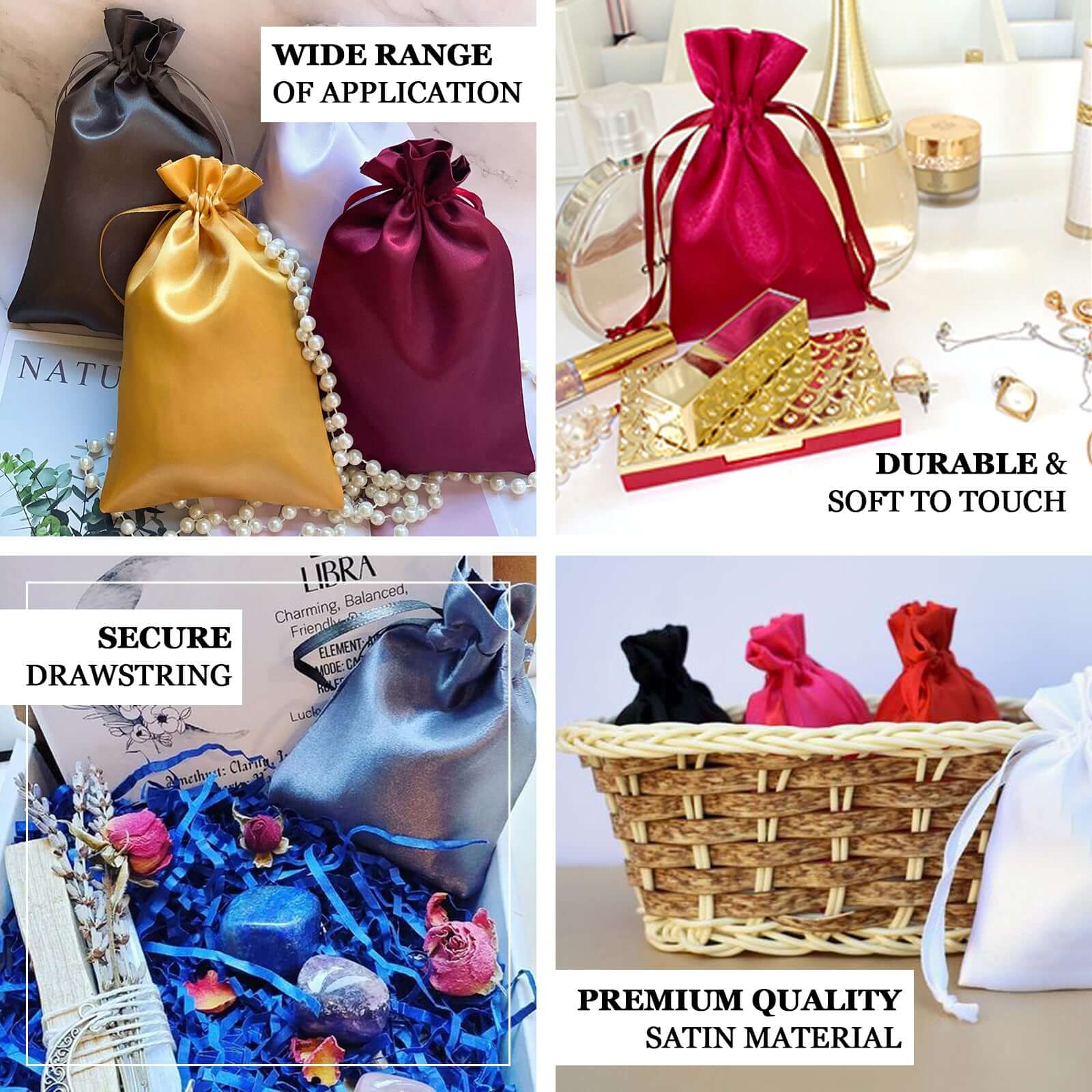 60 Pack Black Satin Wedding Party Favor Bags, Drawstring Pouch Gift Bags 6"x9" - Image 4
