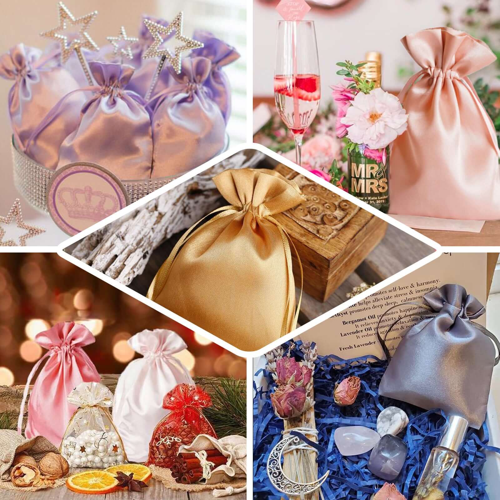 60 Pack Gold Satin Wedding Party Favor Bags, Drawstring Pouch Gift Bags 6"x9" - Image 5