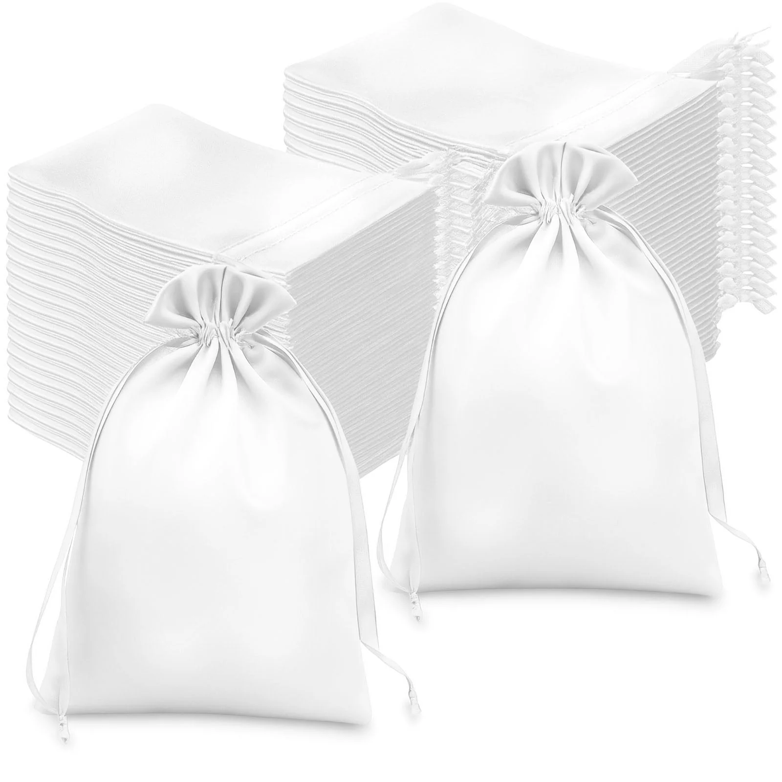 60 Pack White Satin Wedding Party Favor Bags, Drawstring Pouch Gift Bags 6"x9" - Image 6