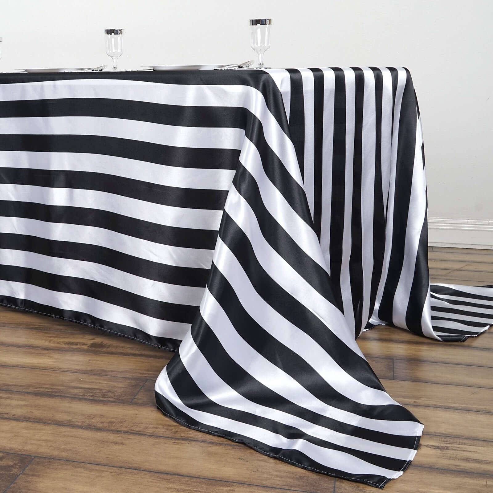 Satin Rectangle Tablecloth 90"x132" Black/White Striped Design - Durable & Seamless Table Cover for Modern Tablescapes - Image 2