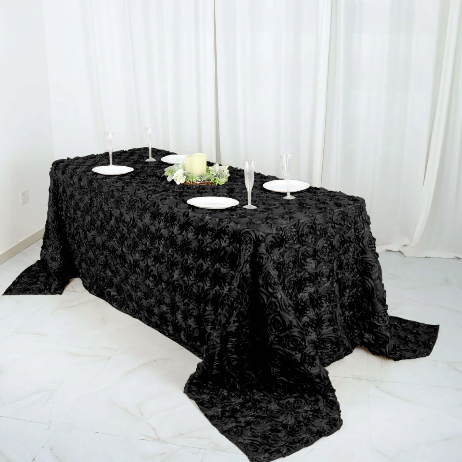Satin Rectangle Tablecloth 90"x132" Black with Grandiose 3D Rosette Design - Seamless Table Cover for Stylish Events - Image 5