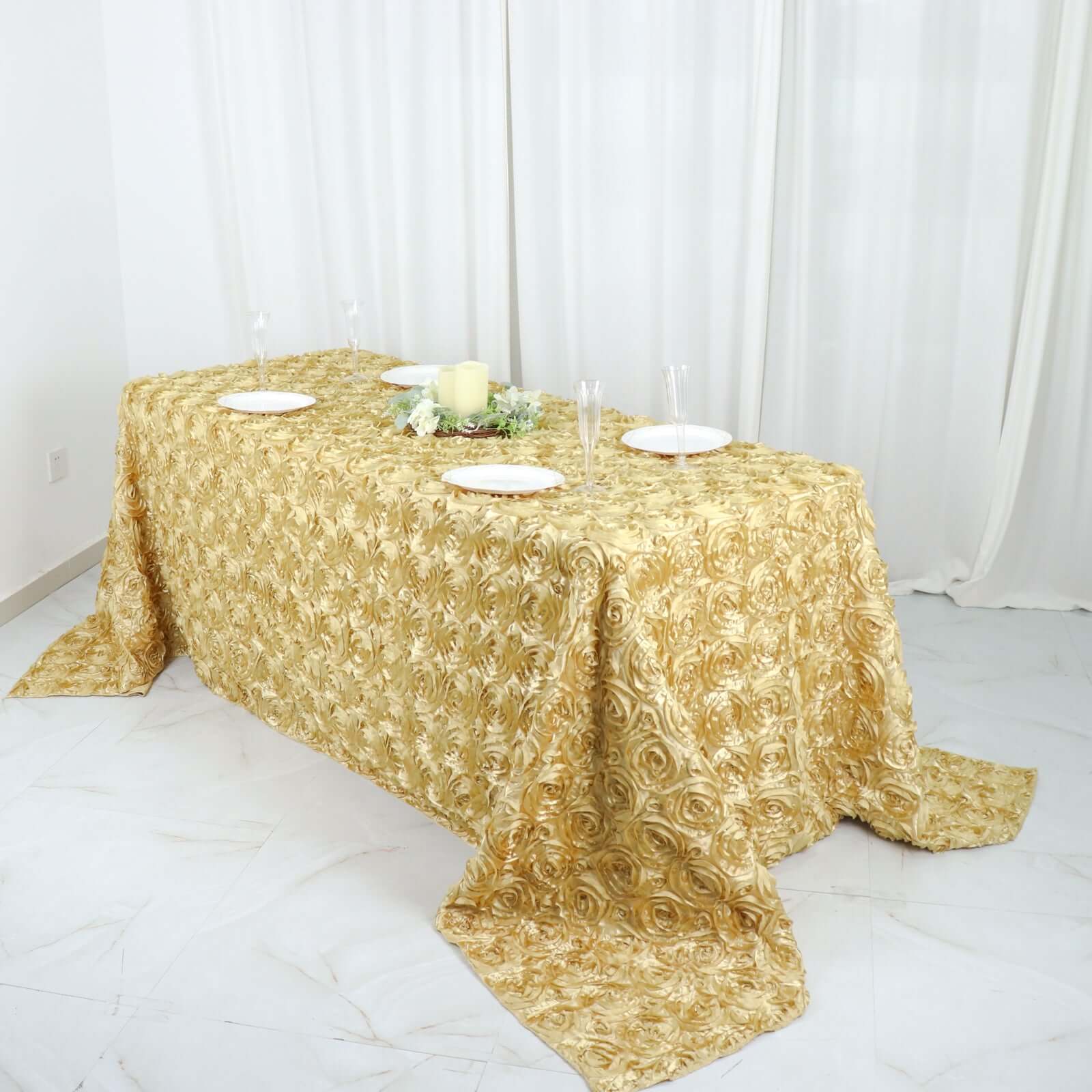 Satin Rectangle Tablecloth 90"x132" Champagne - Grandiose 3D Rosette Table Cover - Image 5