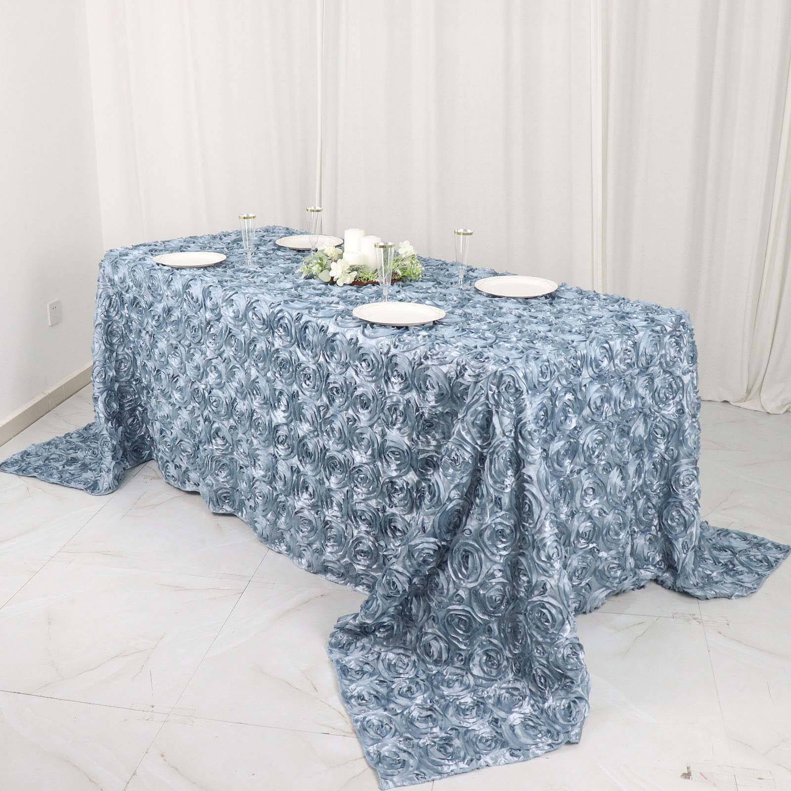 Satin Rectangle Tablecloth 90"x132" Dusty Blue - Grandiose 3D Rosette Table Cover - Image 7
