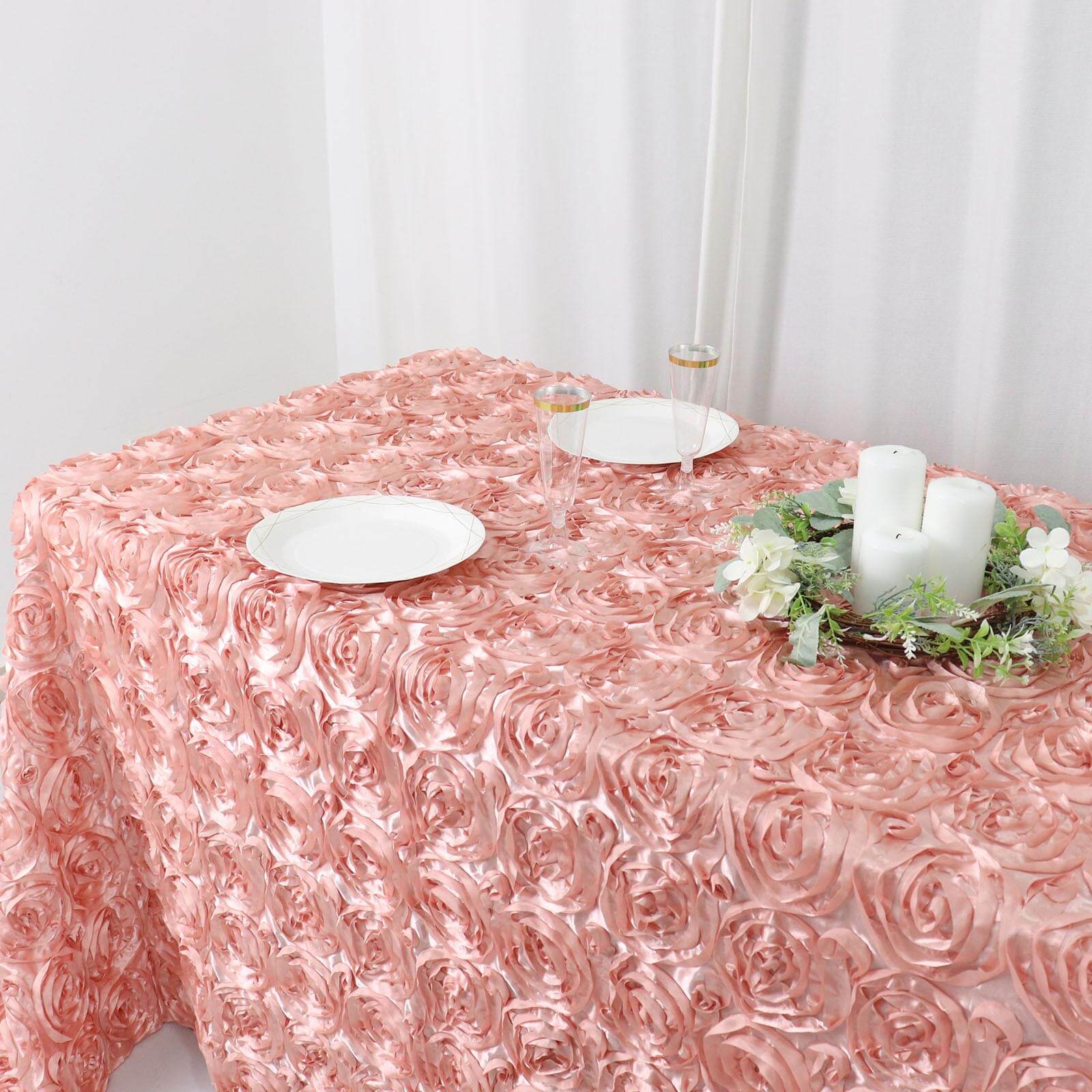 Satin Rectangle Tablecloth 90"x132" Dusty Rose - Grandiose 3D Rosette Table Cover - Image 14