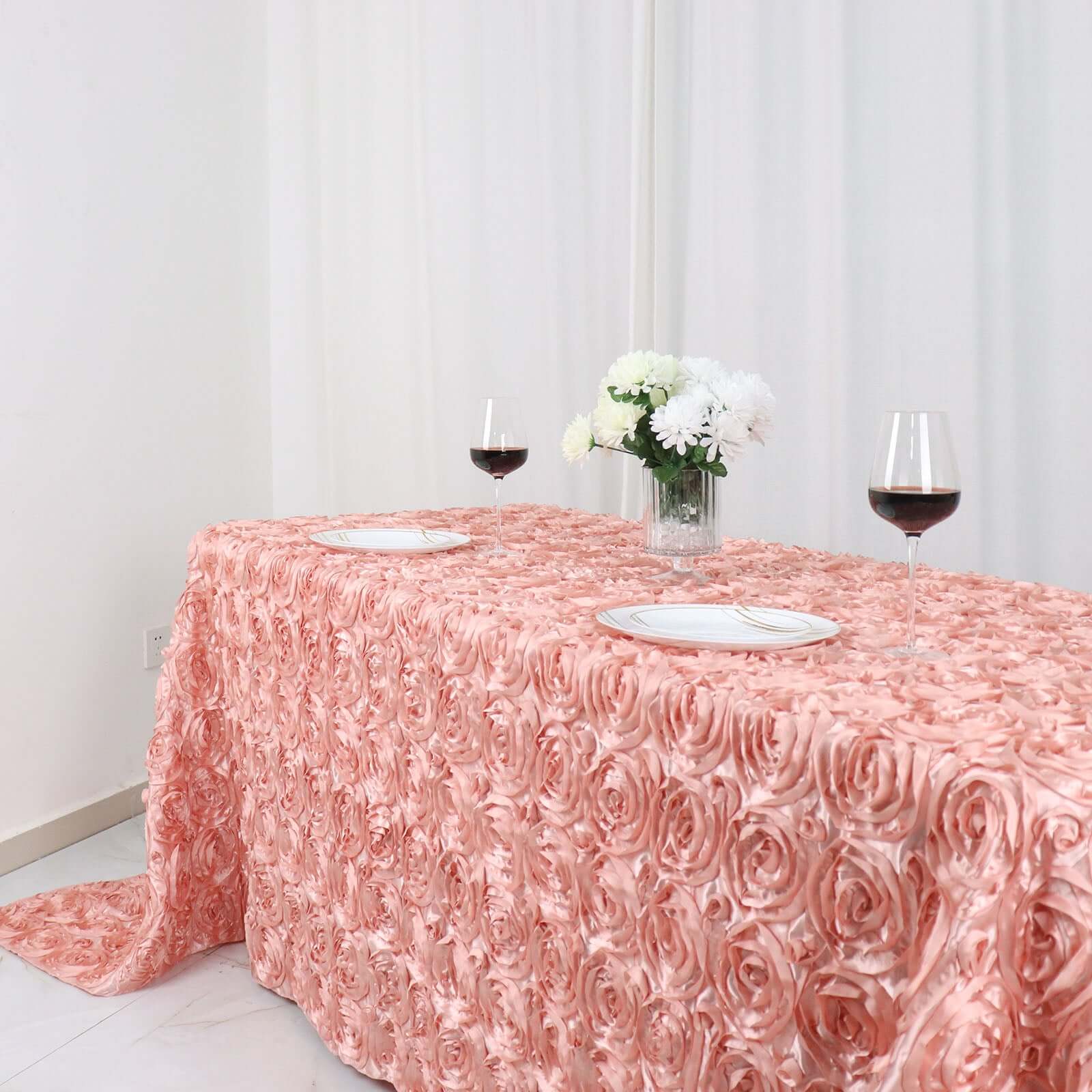 Satin Rectangle Tablecloth 90"x132" Dusty Rose - Grandiose 3D Rosette Table Cover - Image 16
