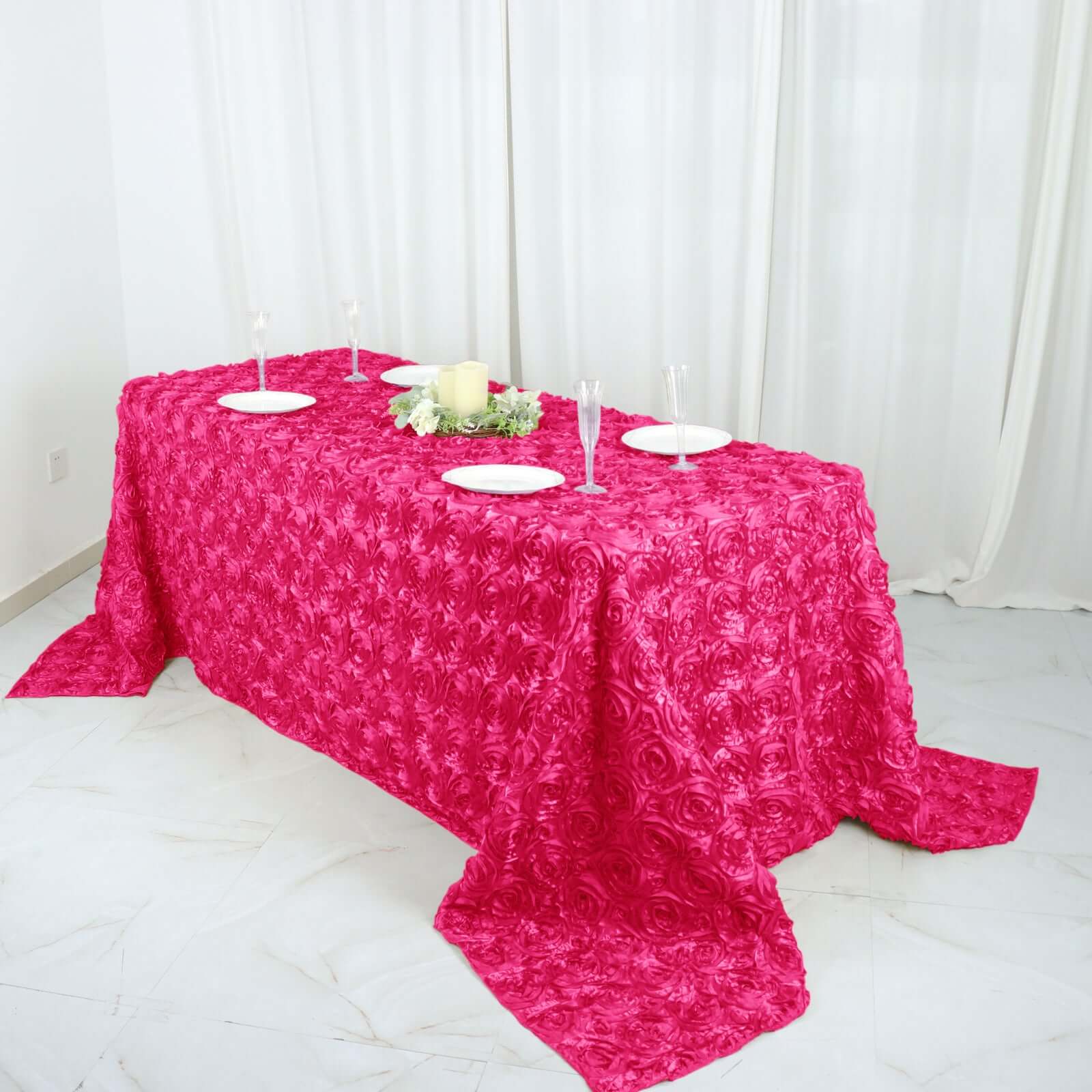 Satin Rectangle Tablecloth 90"x132" Fuchsia - Grandiose 3D Rosette Table Cover - Image 5