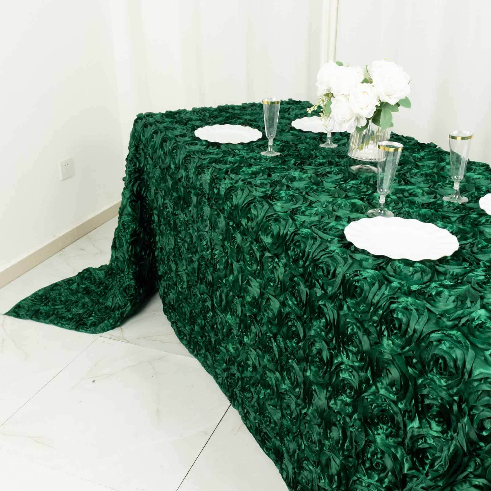 Satin Rectangle Tablecloth 90"x132" Hunter Emerald Green - Grandiose 3D Rosette Table Cover - Image 10