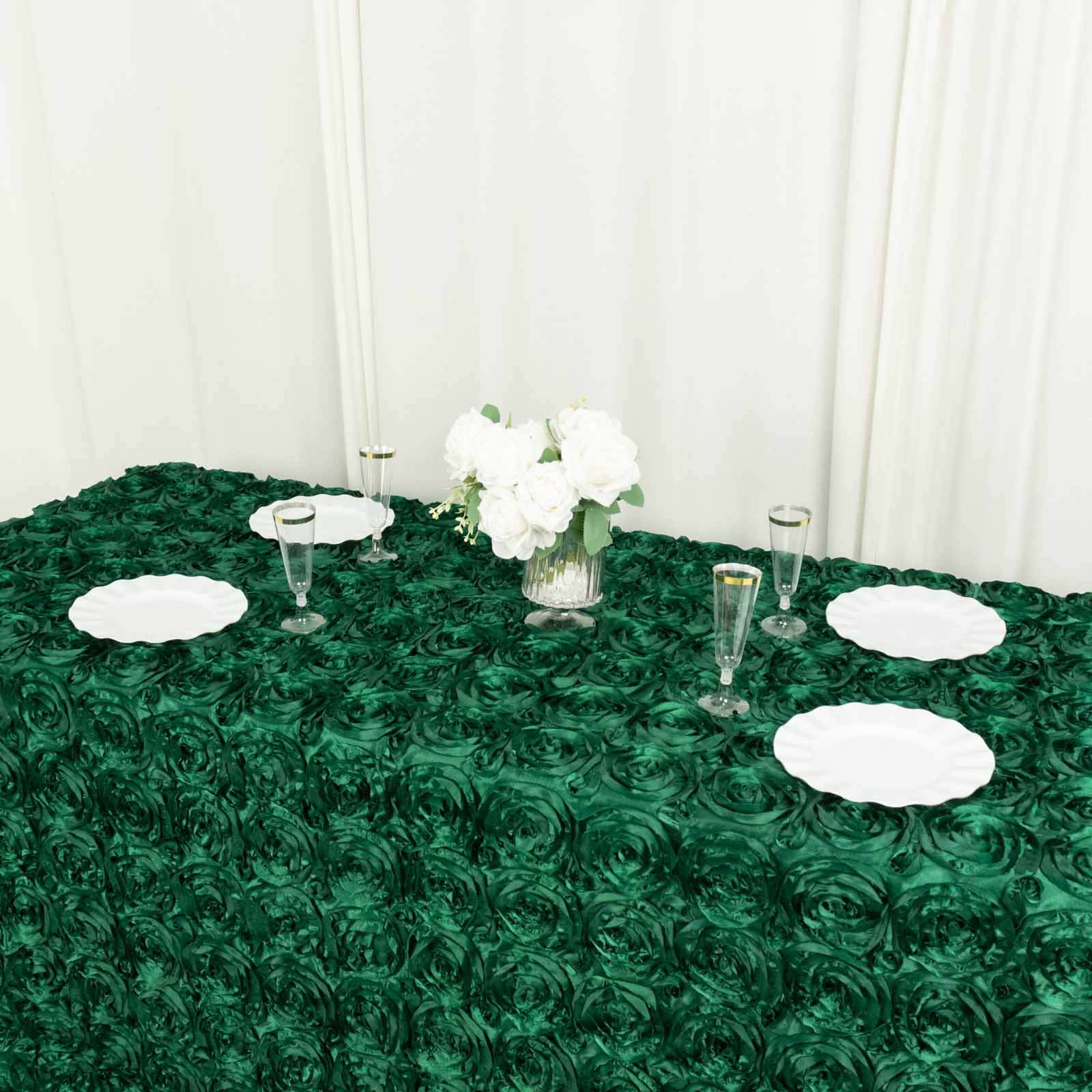 Satin Rectangle Tablecloth 90"x132" Hunter Emerald Green - Grandiose 3D Rosette Table Cover - Image 12