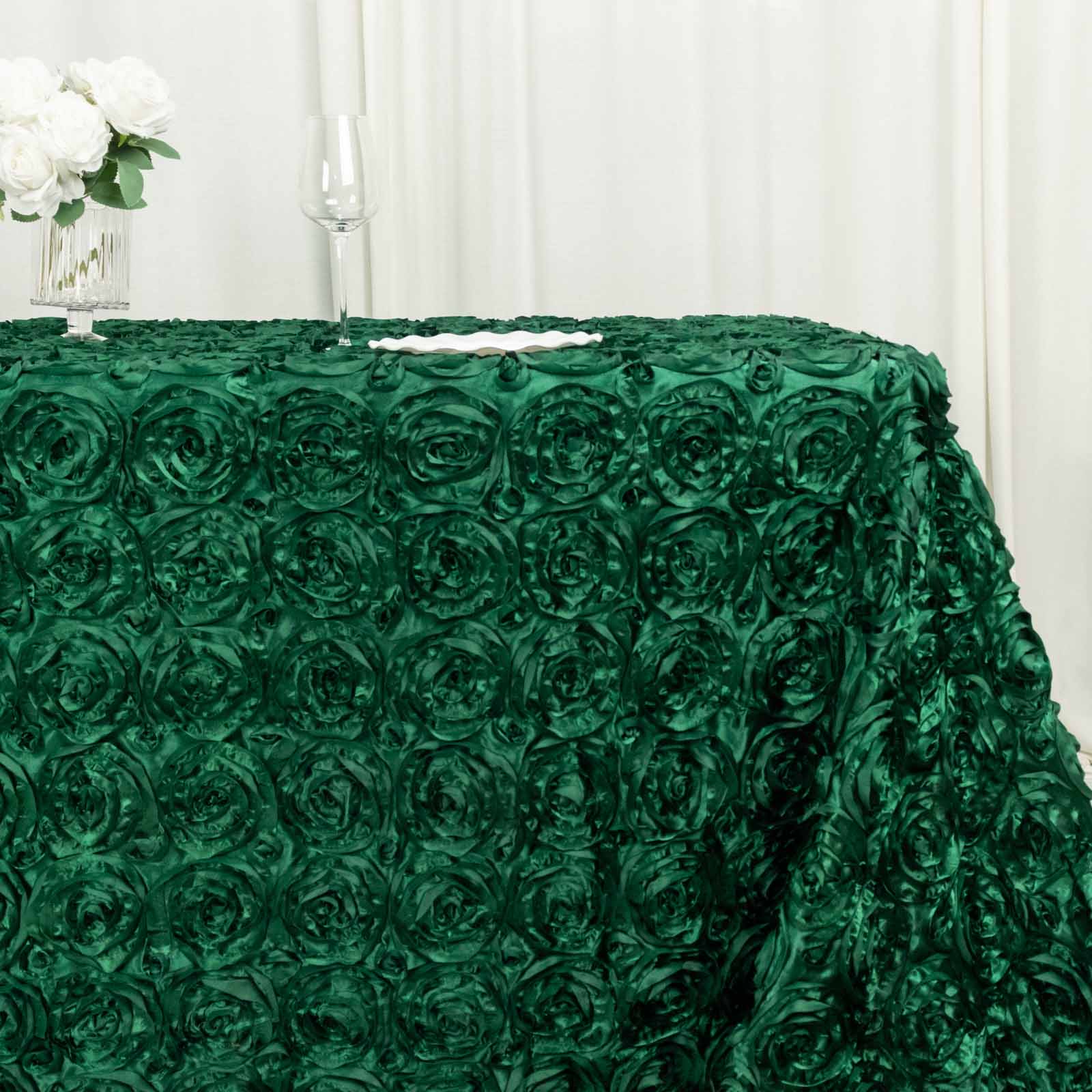 Satin Rectangle Tablecloth 90"x132" Hunter Emerald Green - Grandiose 3D Rosette Table Cover - Image 2