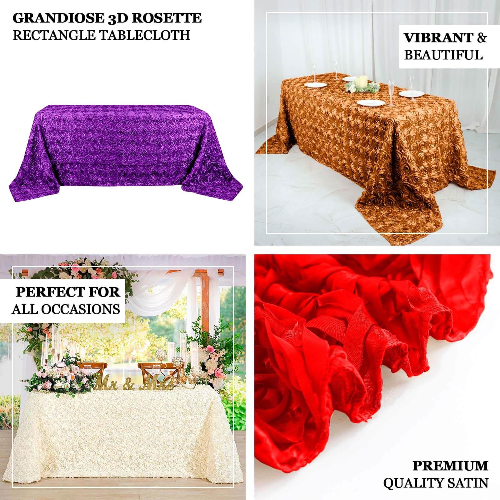 Satin Rectangle Tablecloth 90"x132" Hunter Emerald Green - Grandiose 3D Rosette Table Cover - Image 3