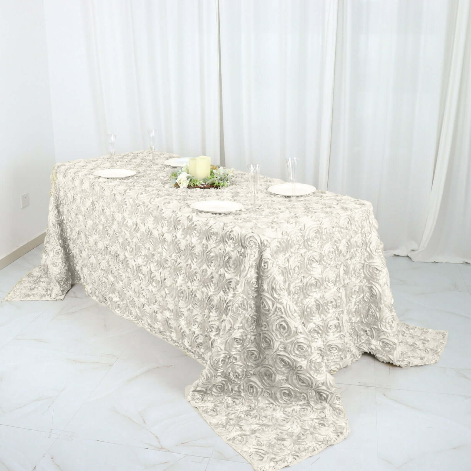 Satin Rectangle Tablecloth 90"x132" Ivory - Grandiose 3D Rosette Table Cover - Image 5