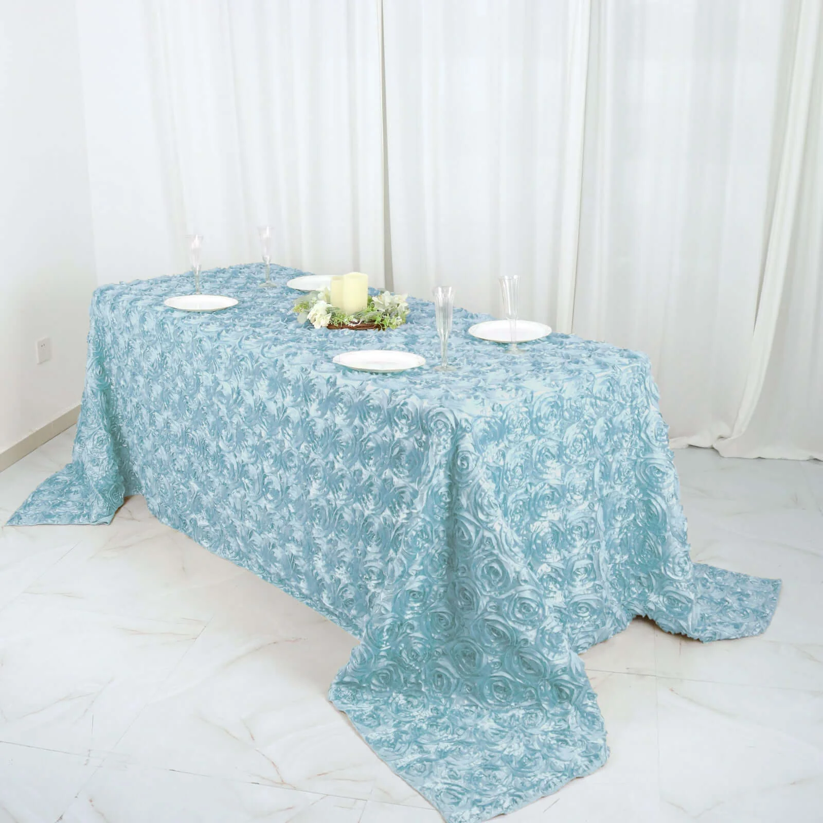 Satin Rectangle Tablecloth 90"x132" Light Blue - Grandiose 3D Rosette Table Cover - Image 5