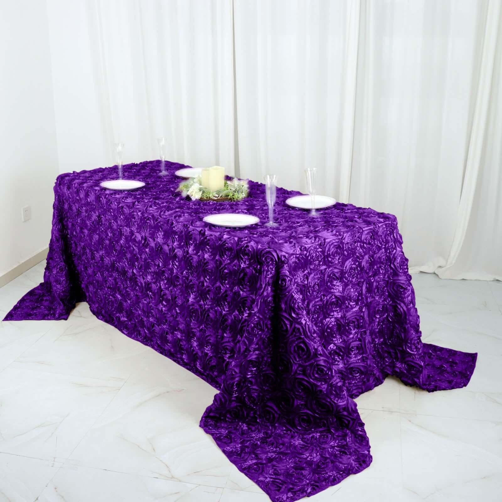 Satin Rectangle Tablecloth 90"x132" Purple - Grandiose 3D Rosette Table Cover - Image 5