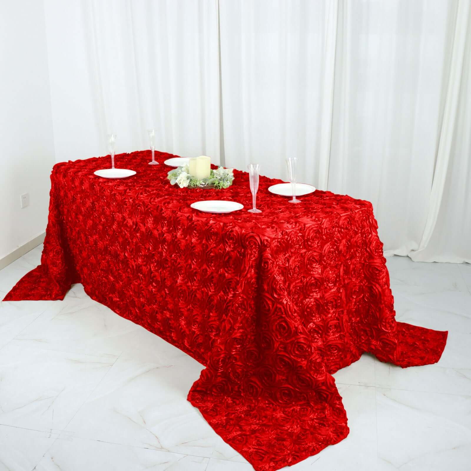 Satin Rectangle Tablecloth 90"x132" Red - Grandiose 3D Rosette Table Cover - Image 5