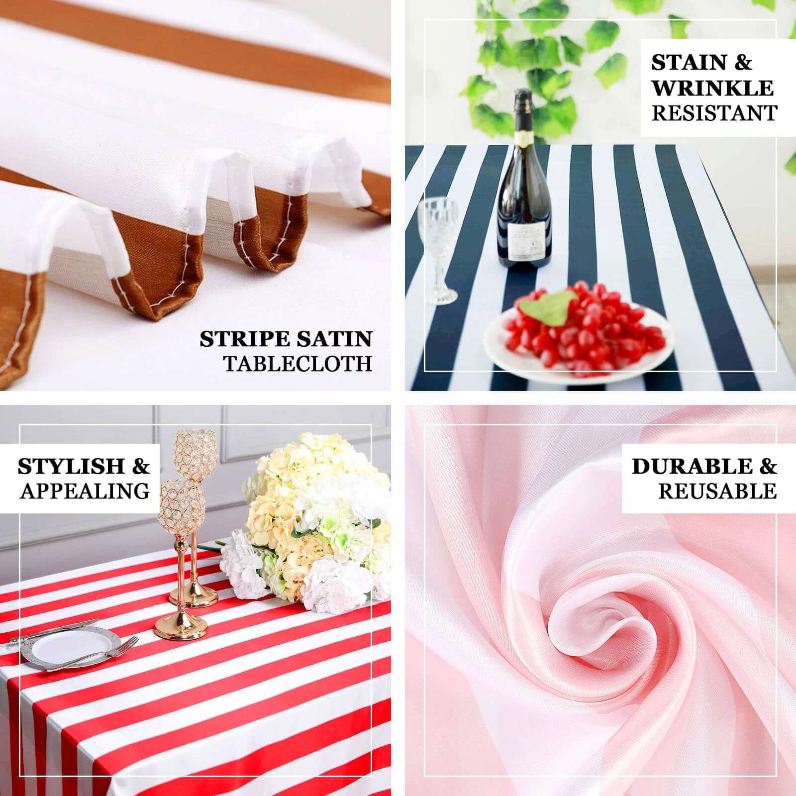 Satin Rectangle Tablecloth 90"x132" Red/White Striped Design - Durable & Seamless Table Cover for Modern Tablescapes - Image 3