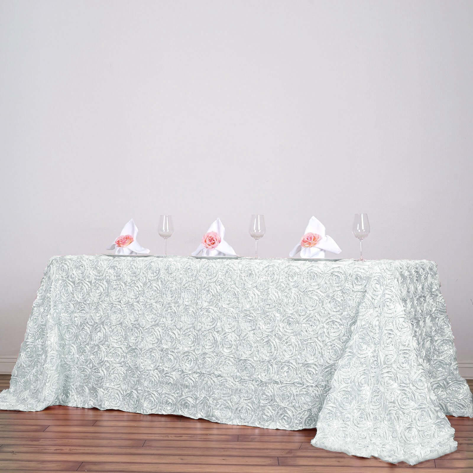 Satin Rectangle Tablecloth 90"x132" White with Grandiose 3D Rosette Design - Seamless Table Cover for Stylish Events - Image 3