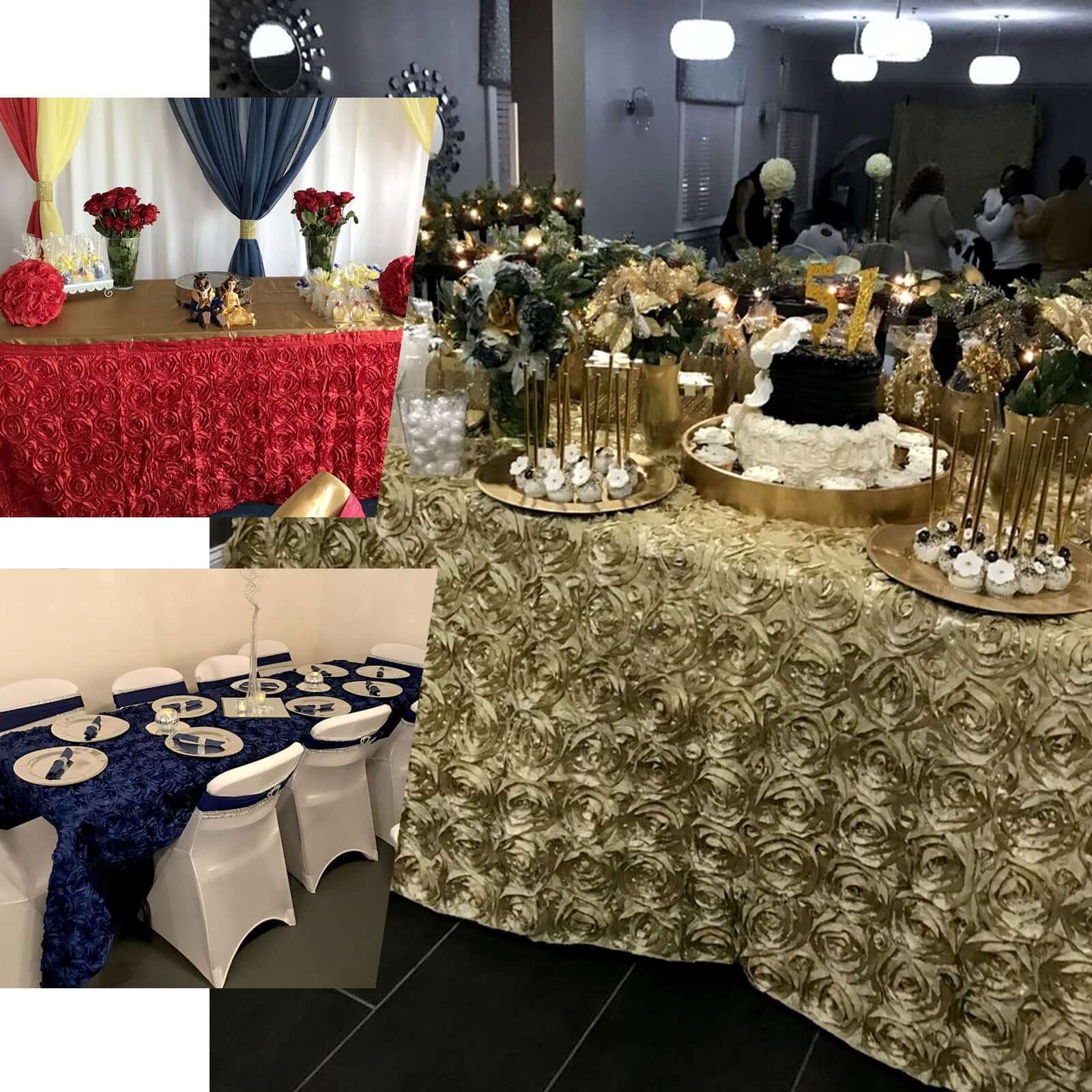 Satin Rectangle Tablecloth 90"x156" Black with Grandiose 3D Rosette Design - Seamless Table Cover - Image 4