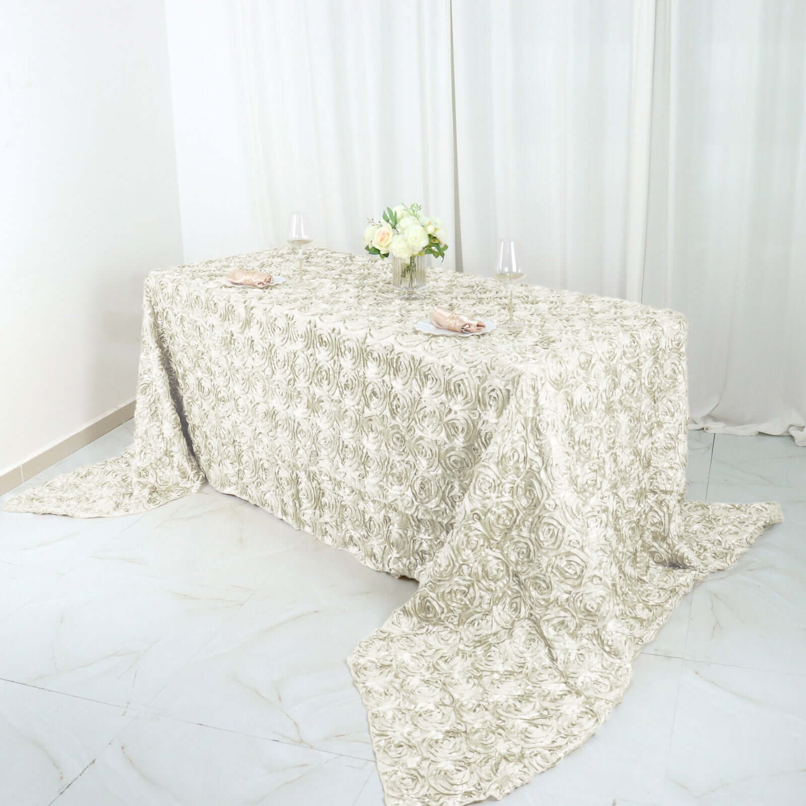 Satin Rectangle Tablecloth 90"x156" Ivory with Grandiose 3D Rosette Design - Seamless Table Cover - Image 3